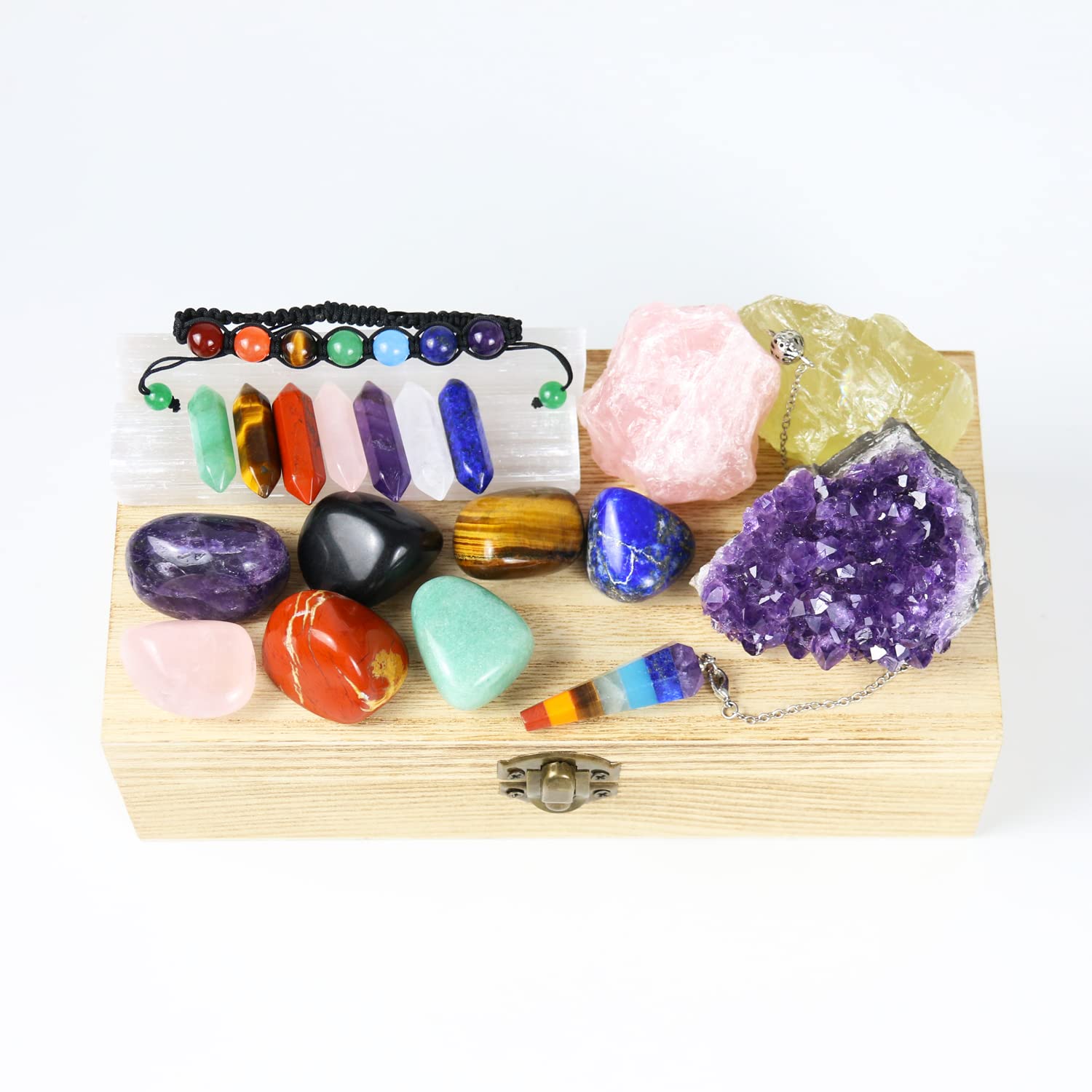 Nvzi Healing Crystals and Stones Kit in Box, Chakra Crystal Set, Amethyst Crystal, Rose Quartz, Citrine, Selenite Wands, Red Jas