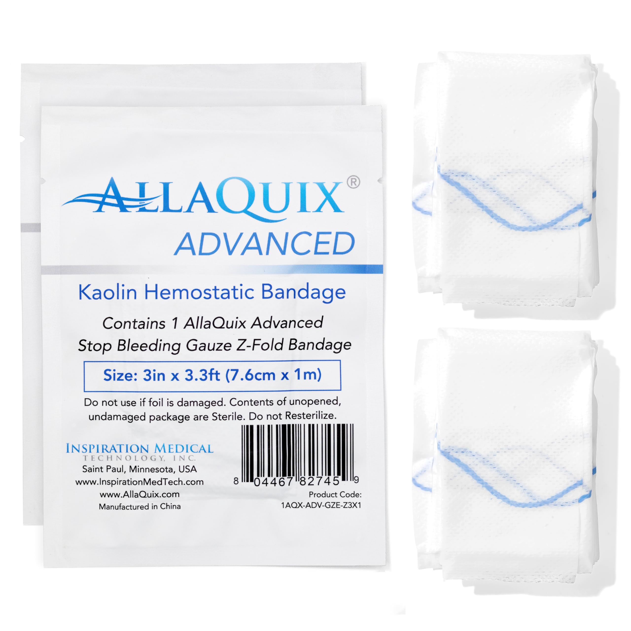 AllaQuix Advanced Kaolin Hemostatic Bandage - Sterile Z-Fold Clotting Gauze (3 in. x 3.3 ft) | Stops Bleeding Fast for Emergency