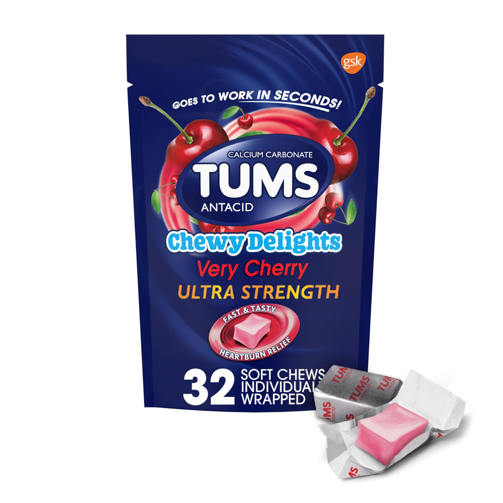 TUMS Chewy Delights Ultra Strength Antacid Soft Chews for Chewable Heartburn Relief and Acid Indigestion Relief, Very Cherry - 3