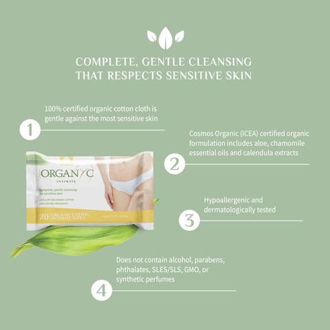Organyc - 100% Organic Cotton Intimate Wet Wipes, No Parabens, Alcohol, or Chlorine -, White, 20 Count (Pack of 1) (ORGWW1A)