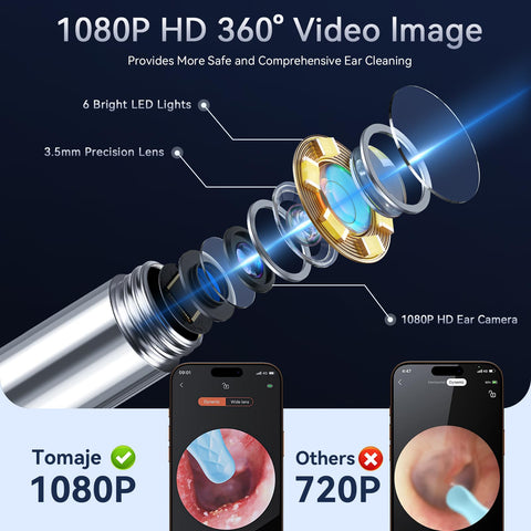 Tomaje Ear Wax Removal Tool Camera, Ear Cleaner with Camera, 1080P HD Ear Camera and 6 LED Light, Ear Wax Removal Kit with 6 Ear