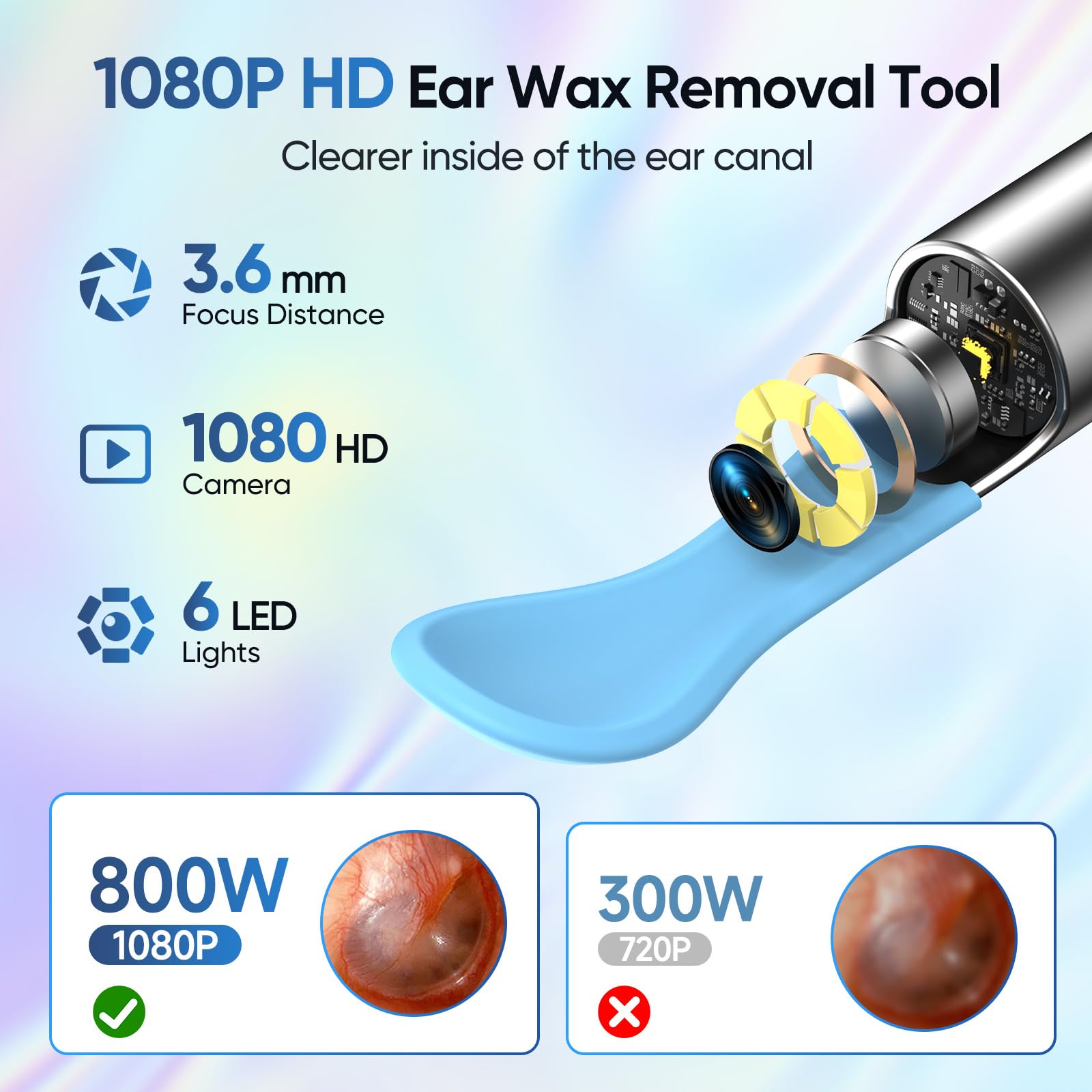 Ear Wax Removal Tool Camera with 8 Kits & 5 Ear Spoon, Ear Cleaner with Camera 1080P HD, Earwax Removal Kit with 6 LED Lights, E