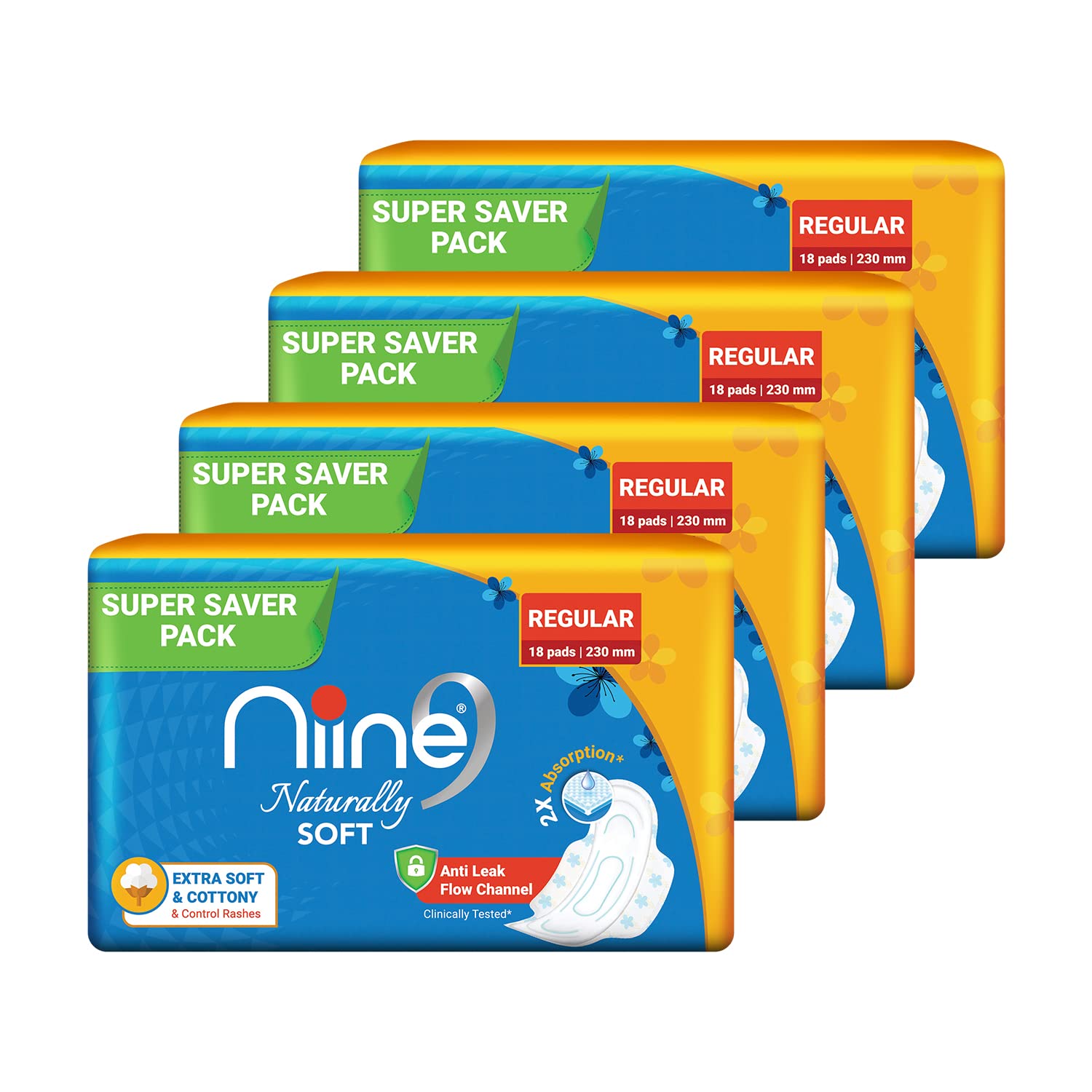 Niine Naturally Soft Regular Sanitary Napkins For Women|230Mm Long| Extra Soft & Cottony For Rash Control|2X Absorption|AntiLea