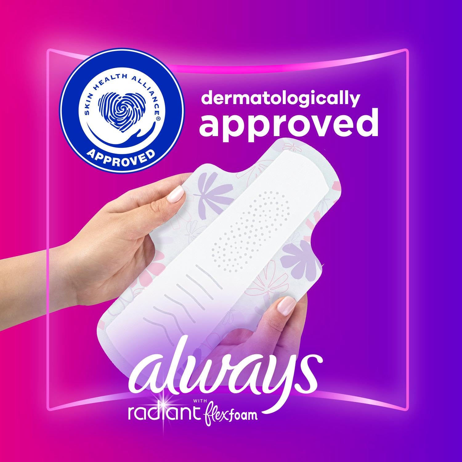 Always Radiant Feminine Pads for Women, Size 1 Regular, with Wings, Scented, 42 CT