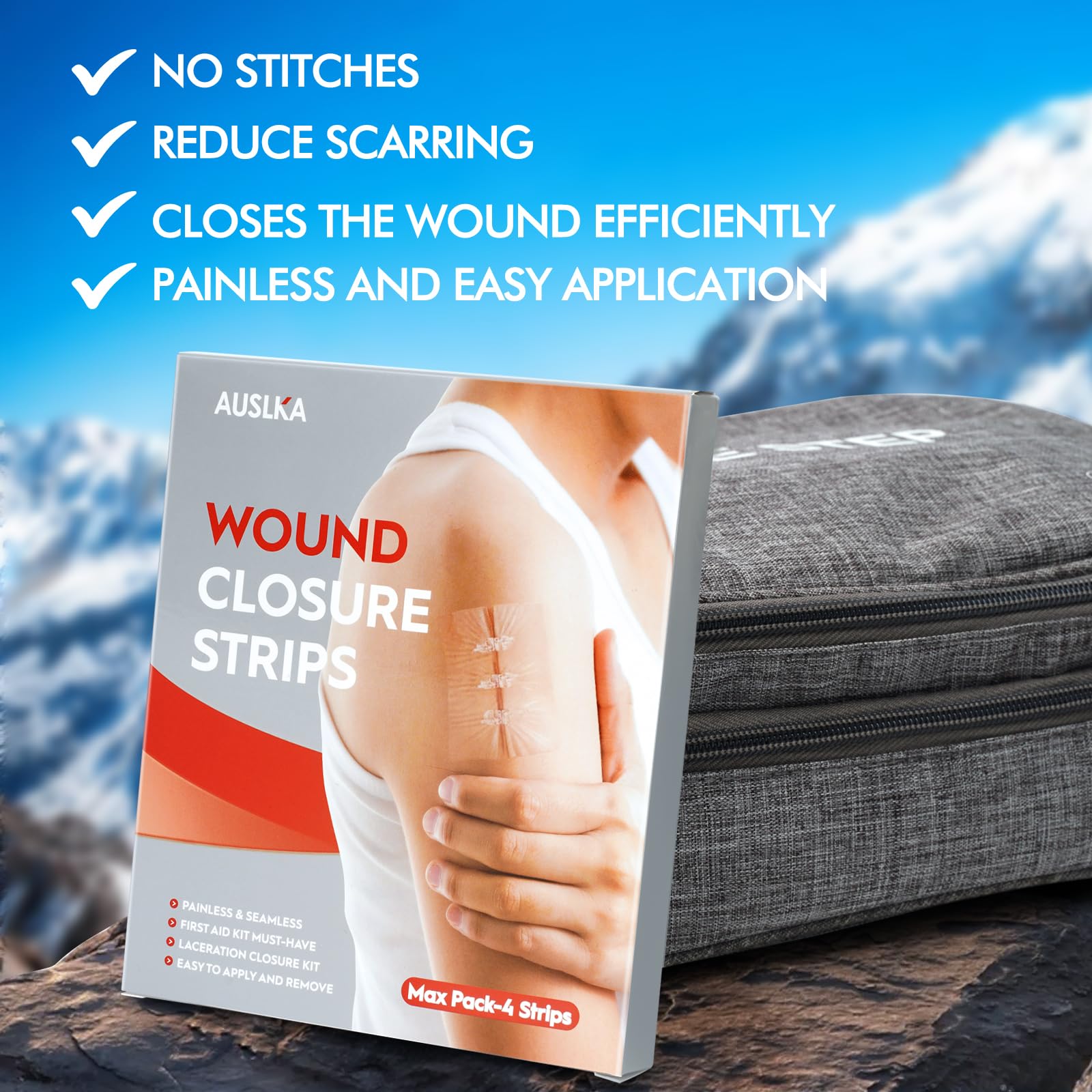 AUSLKA Laceration Closure Kit - 4pk - 2 Types Emergency Wound Closure Strips - Repair Wounds Without Stitches - Butterfly Bandag
