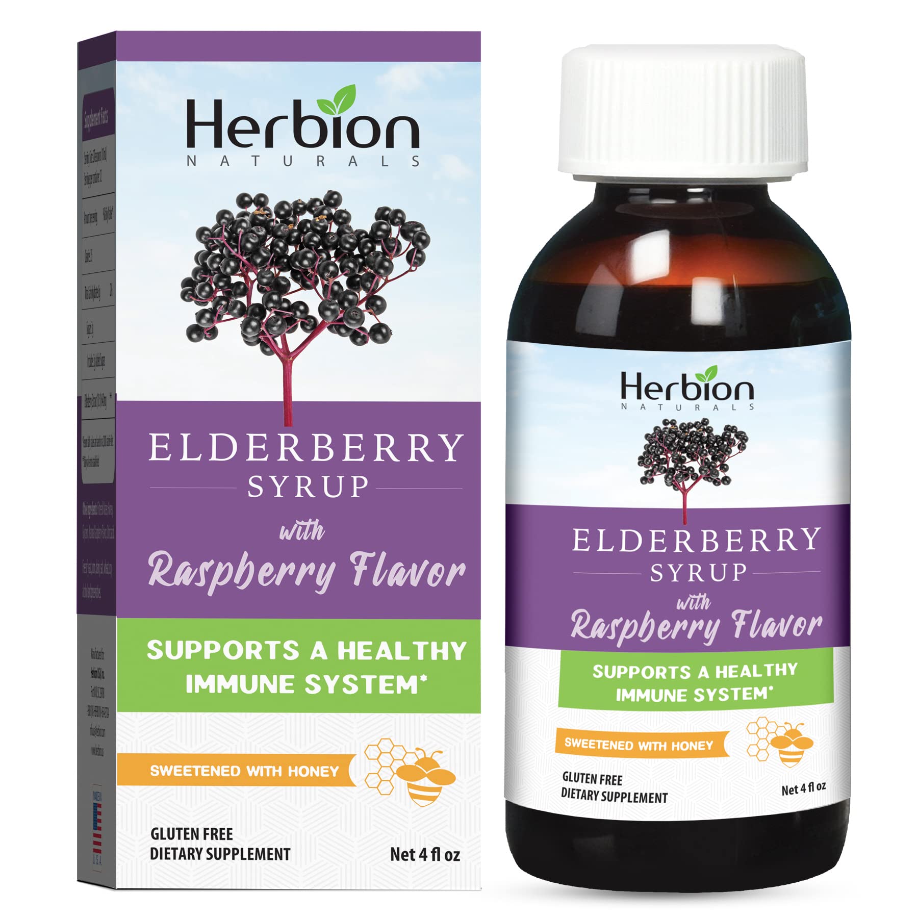 Herbion Naturals Elderberry Syrup - Healthy Immune System for Adults & Children (1 Year+) - Honey sweetened with Natural Raspber