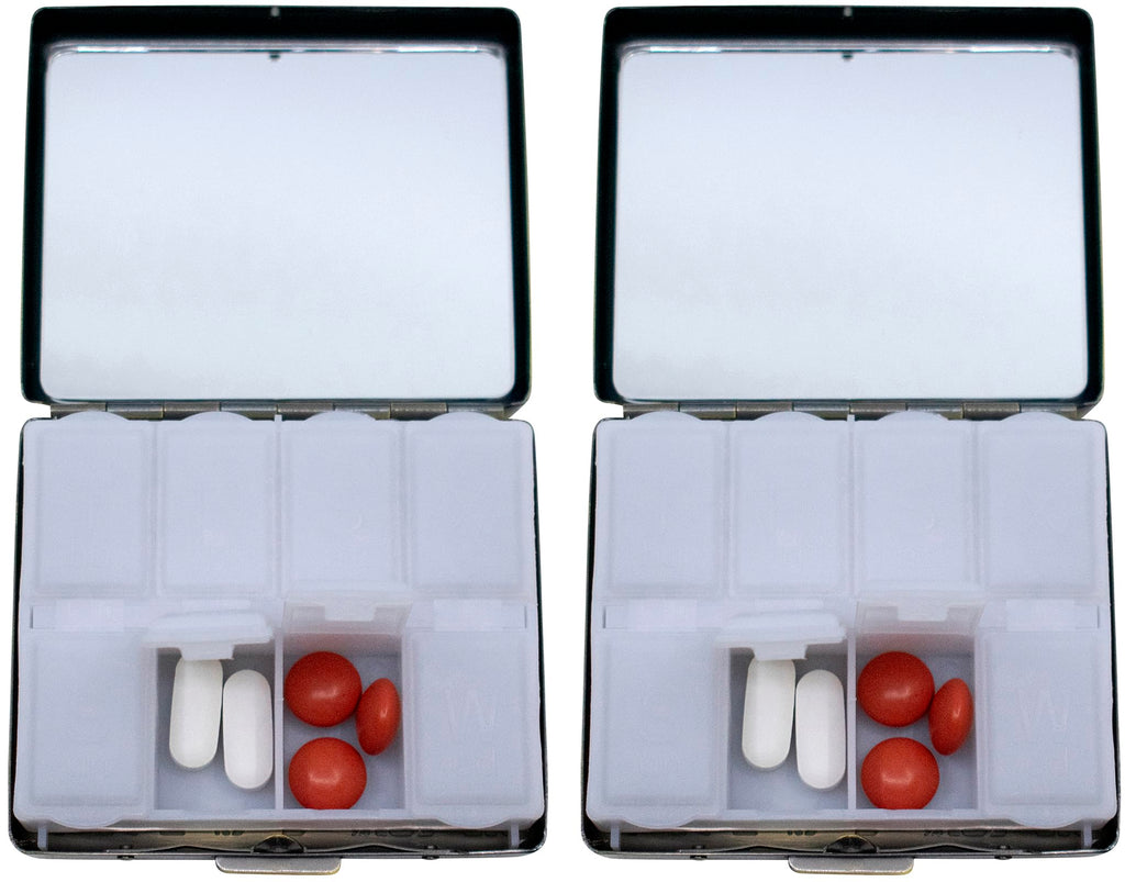 Set of 2 Metal-Plated Weekly (7-Day) Pill Box Case & Portable Medicine Organizer (Silver Victorian)