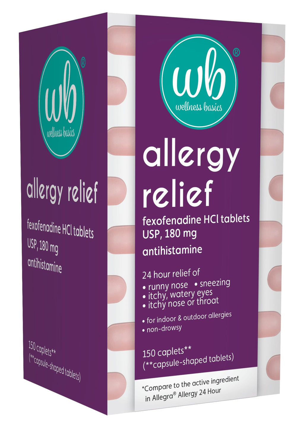 Wellness Basics - Allergy Relief - Fexofenadine HCL (180mg Tablet - 150 Count) Long-Lasting 24-Hour Relief - Non Drowsy - Prescr