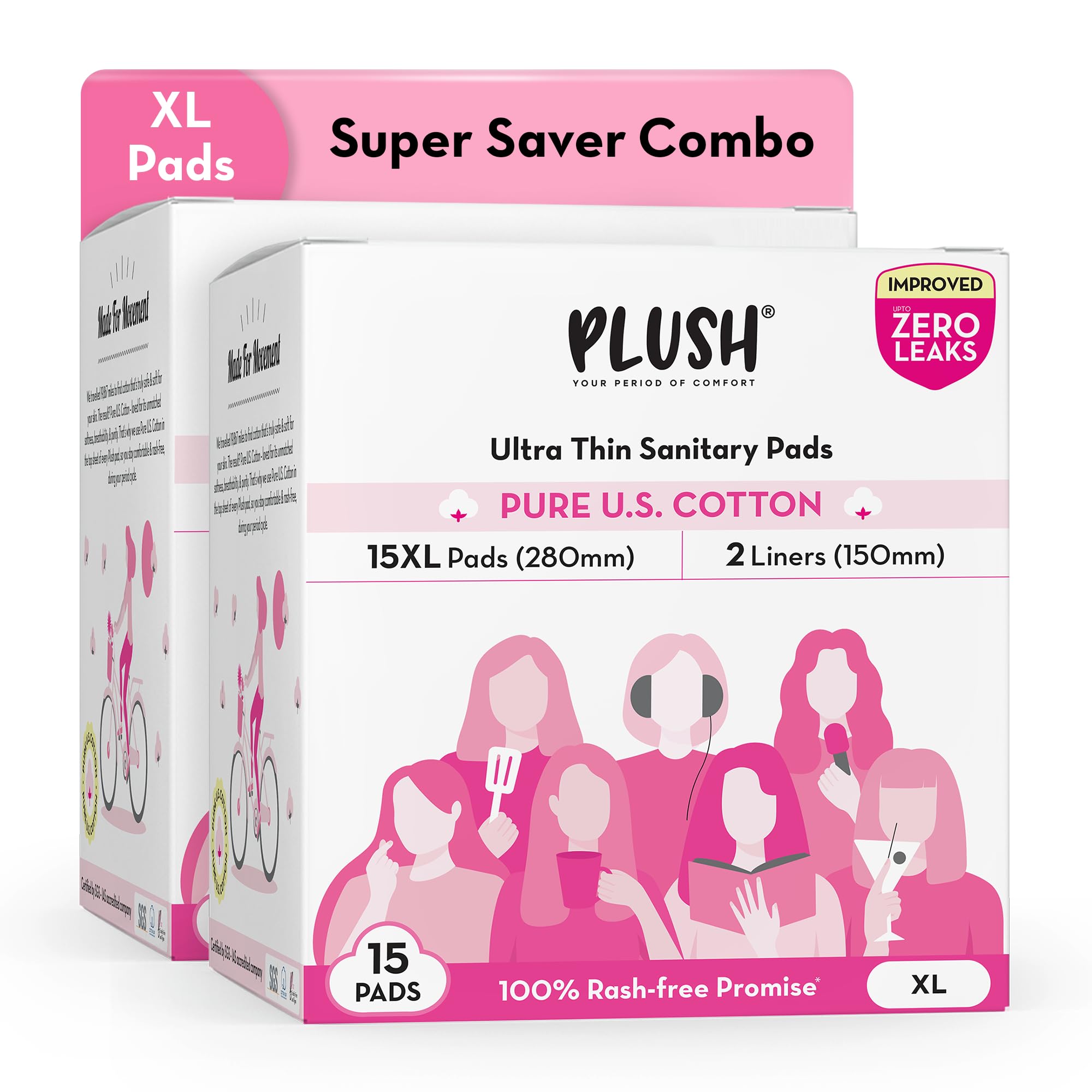 Plush UltraThin Sanitary Pads For Women Xl, 15 Pcs (Pack Of 2) | For LightMedium Flow | 4 Panty Liners | RashFree | Pure U.S.