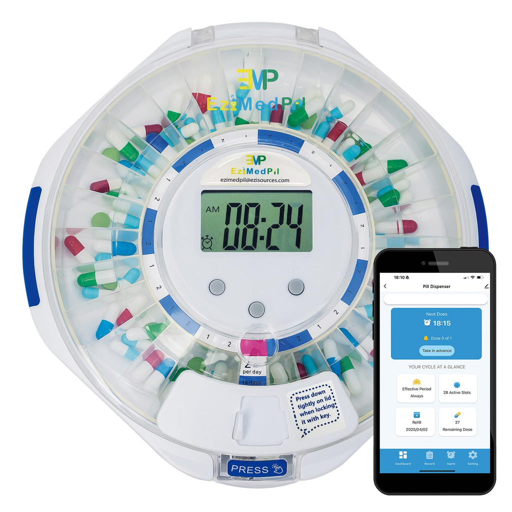 EziMedPil Bluetooth Pill Dispenser w/Sound & Light Alerts, up to 9 Alarms/Daily, Key Lock, LCD & Easy Setup on SmartLife App, 28