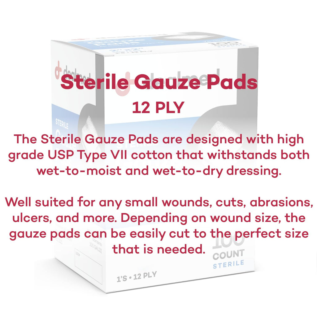 Dealmed Sterile Gauze Pads - 100 Count (Case of 12), 4 x 4 Gauze Pads, Disposable and Individually Wrapped Medical Gauze Pads, W