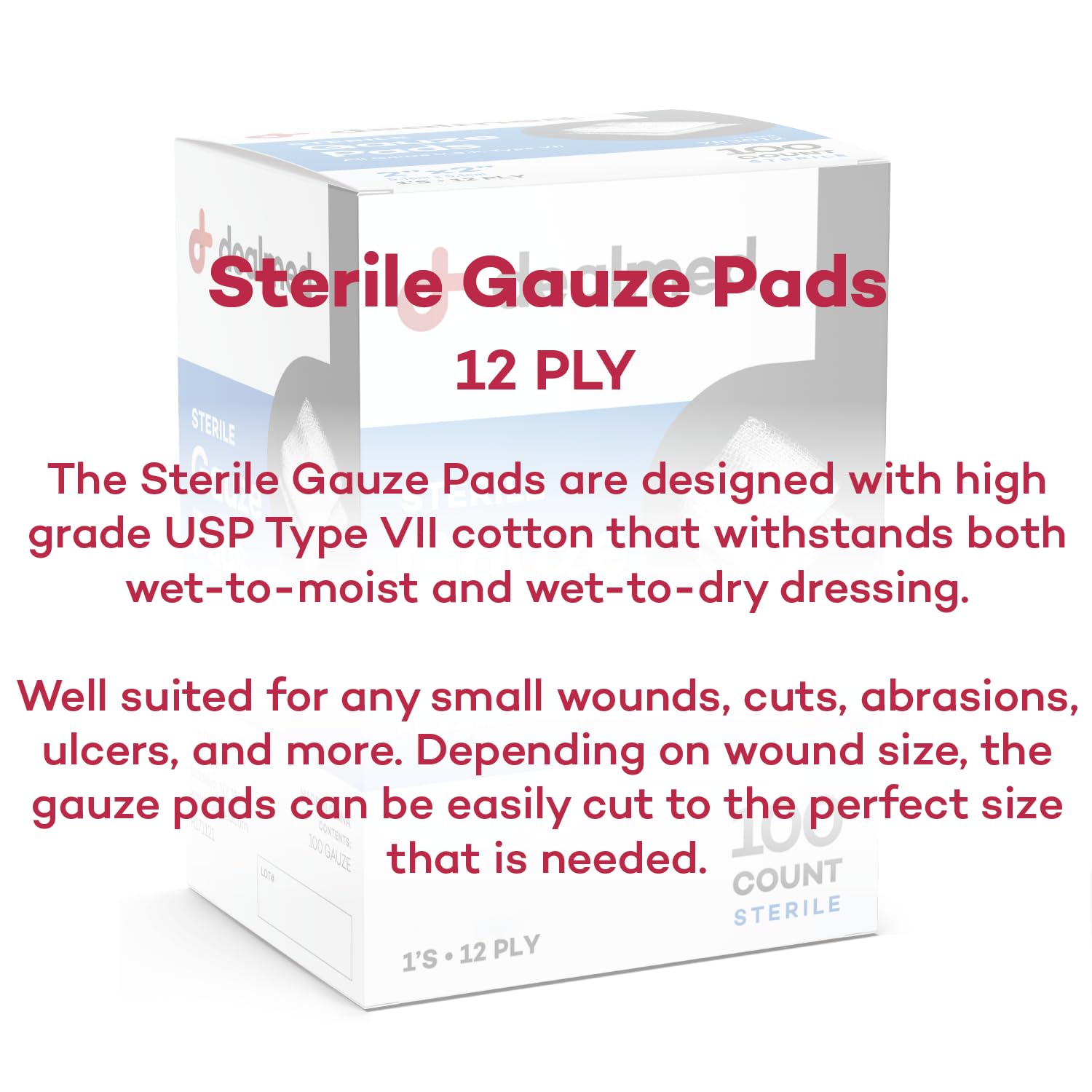 Dealmed Sterile Gauze Pads - 100 Count (Case of 24), 3 x 3 Gauze Pads, Disposable and Individually Wrapped Medical Gauze Pads, W