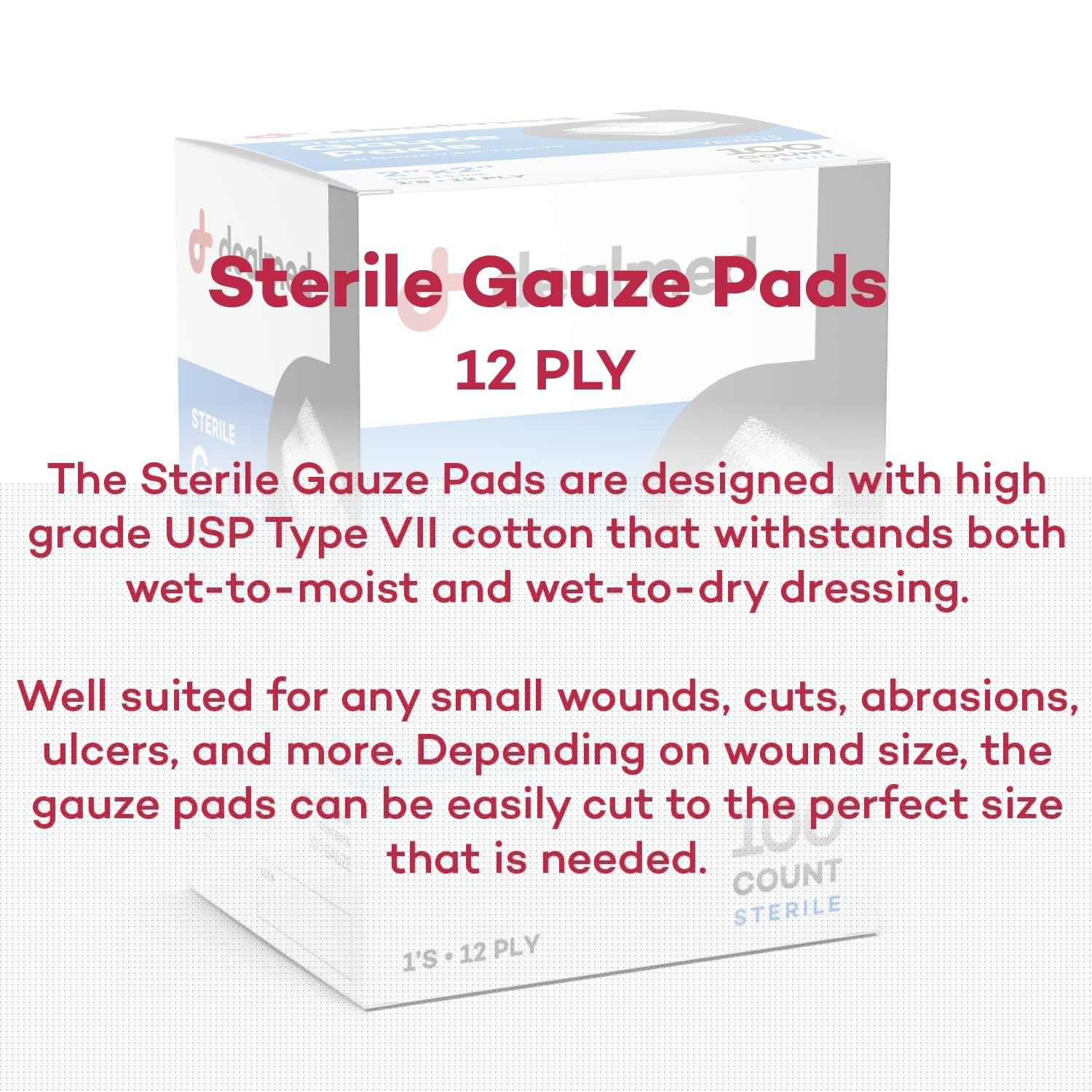 Dealmed Sterile Gauze Pads - 100 Count (Case of 24), 2 x 2 Gauze Pads, Disposable and Individually Wrapped Medical Gauze Pads, W