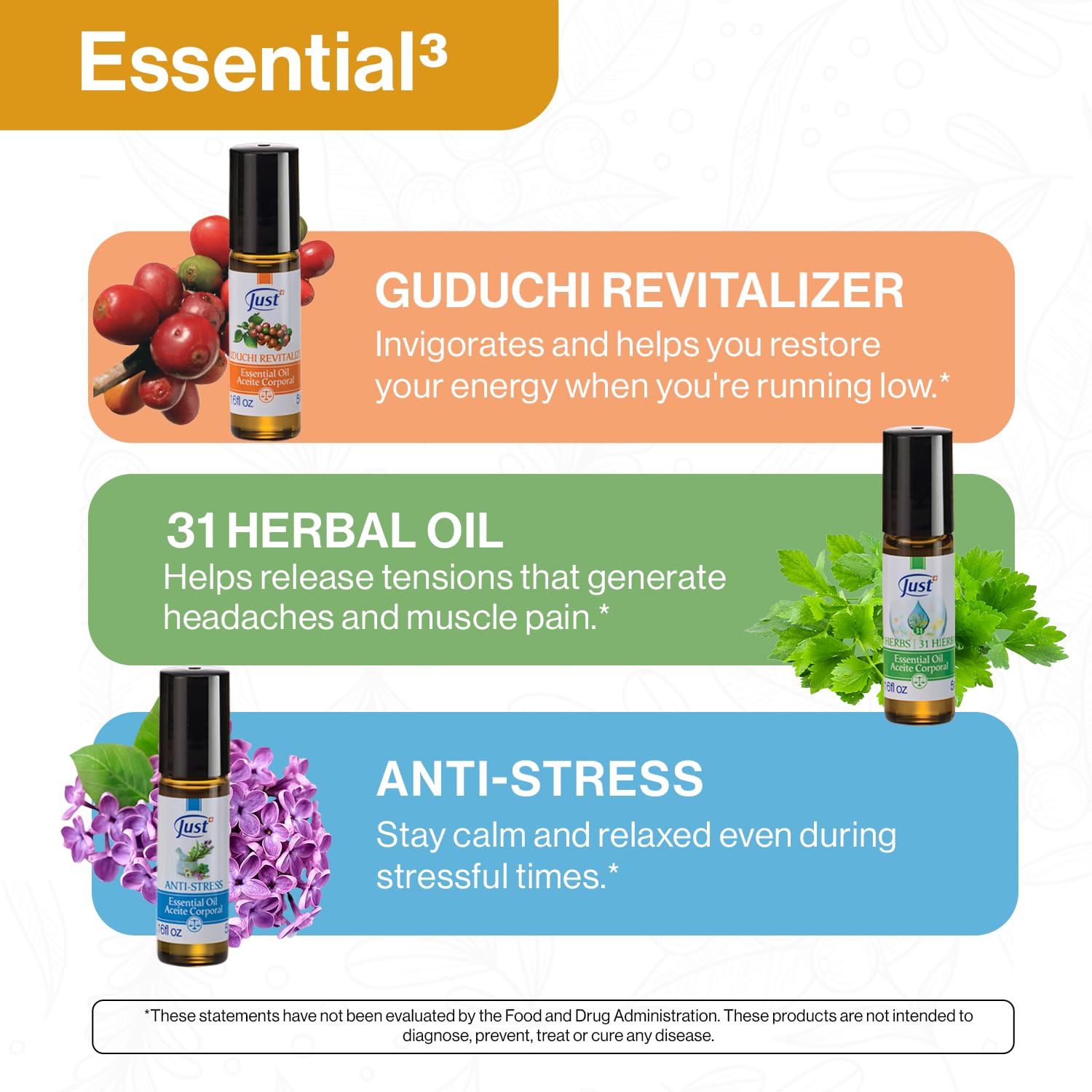 Swiss JUST Essential Oil - 3 Piece Set - Relaxation Trio for Sense Aromatherapy Bliss - 31 Herbal Oil, Guduchi, and Anti-Stress