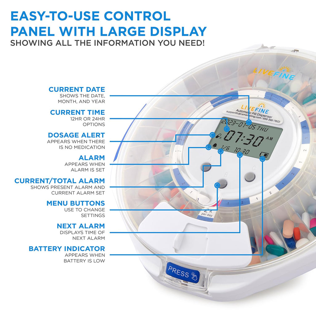 LiveFine Automatic Pill Dispenser with 28-Day Electronic Medication Organizer, 6 Dosage Rings, LCD Display with Sound & Light Al