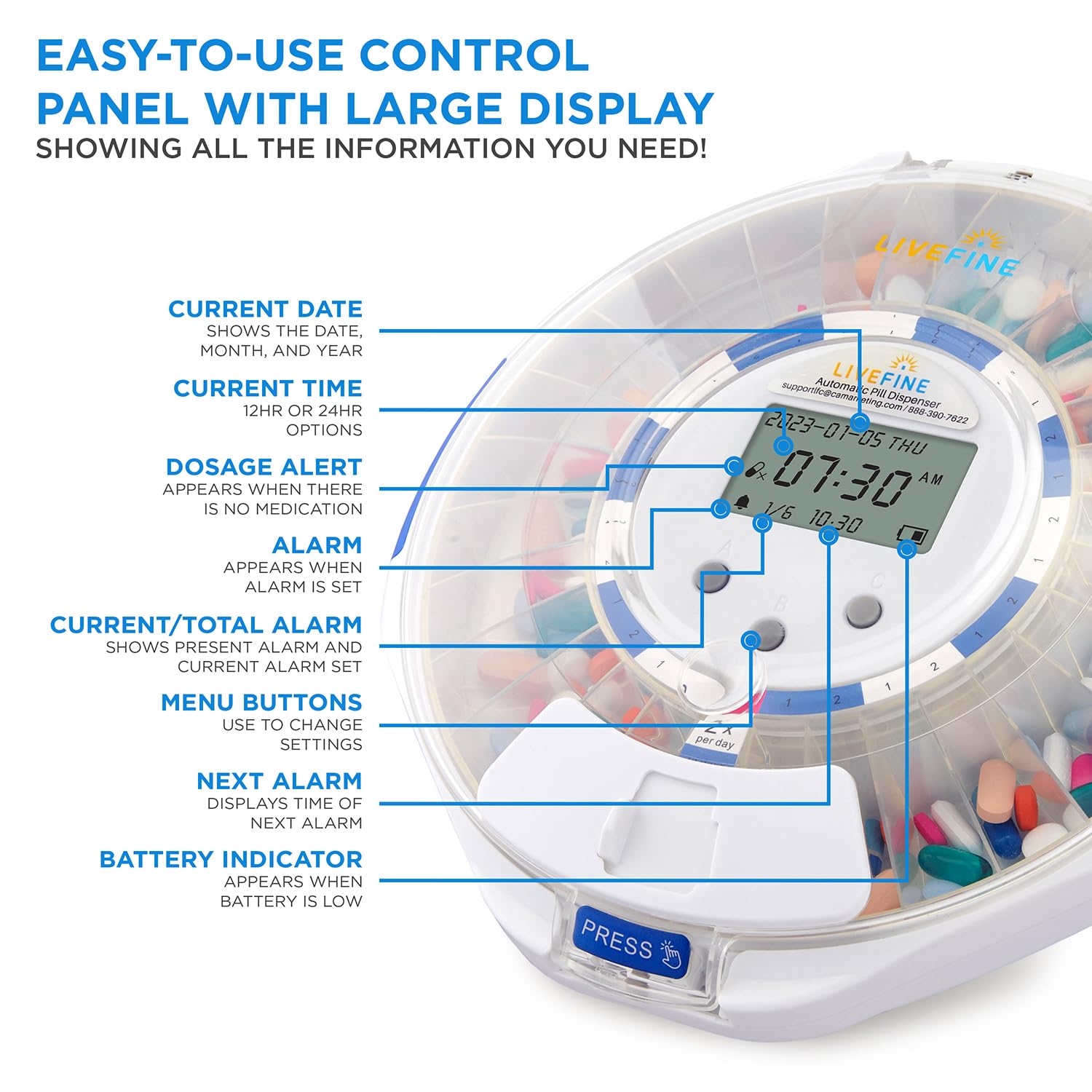 LiveFine Automatic Pill Dispenser with 28-Day Electronic Medication Organizer, 6 Dosage Rings, LCD Display with Sound & Light Al