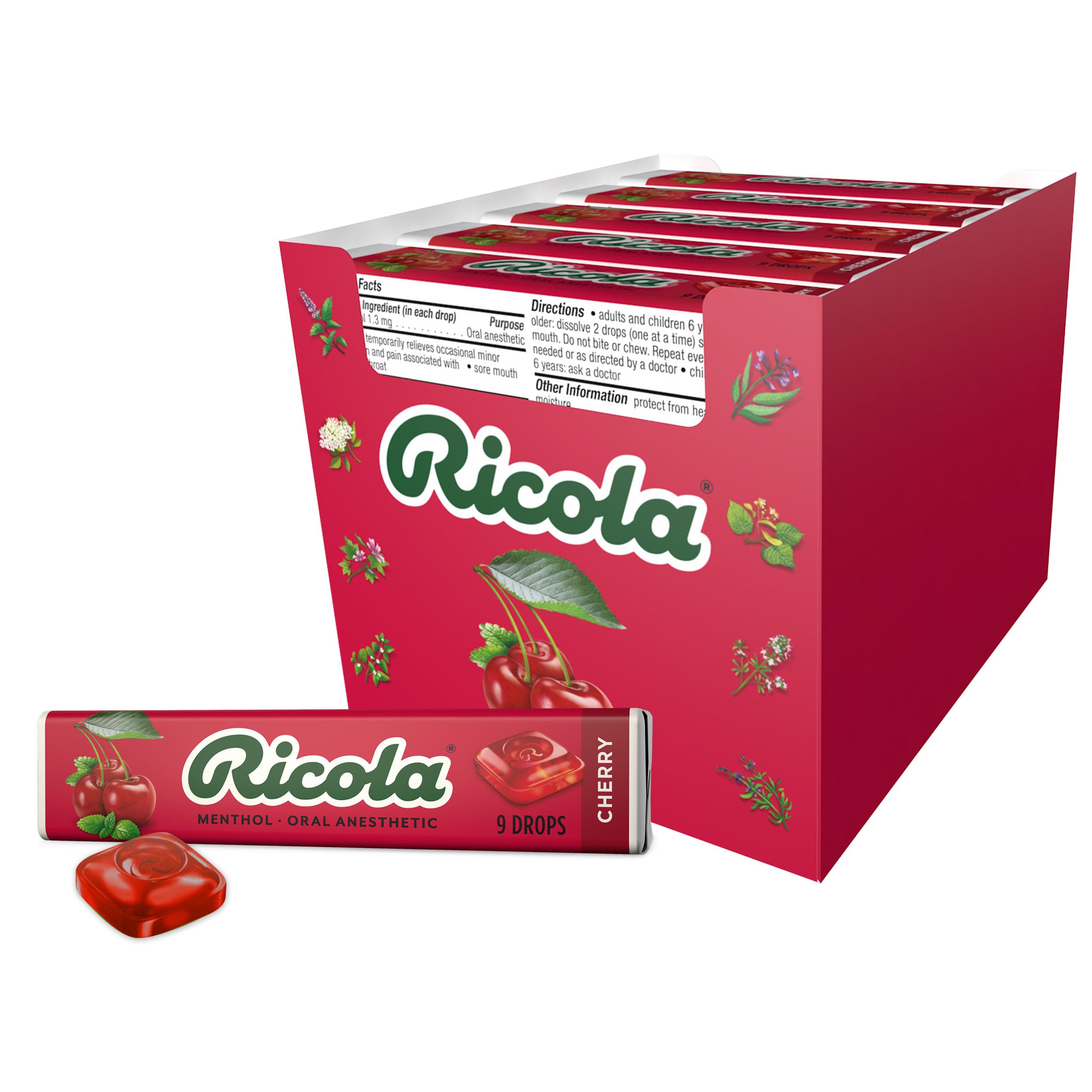 Ricola Cherry Throat Drops, 9 Count Stick (Pack of 20), Daily Drops For Delicious Throat Refreshment, Oral Anesthetic, Naturally