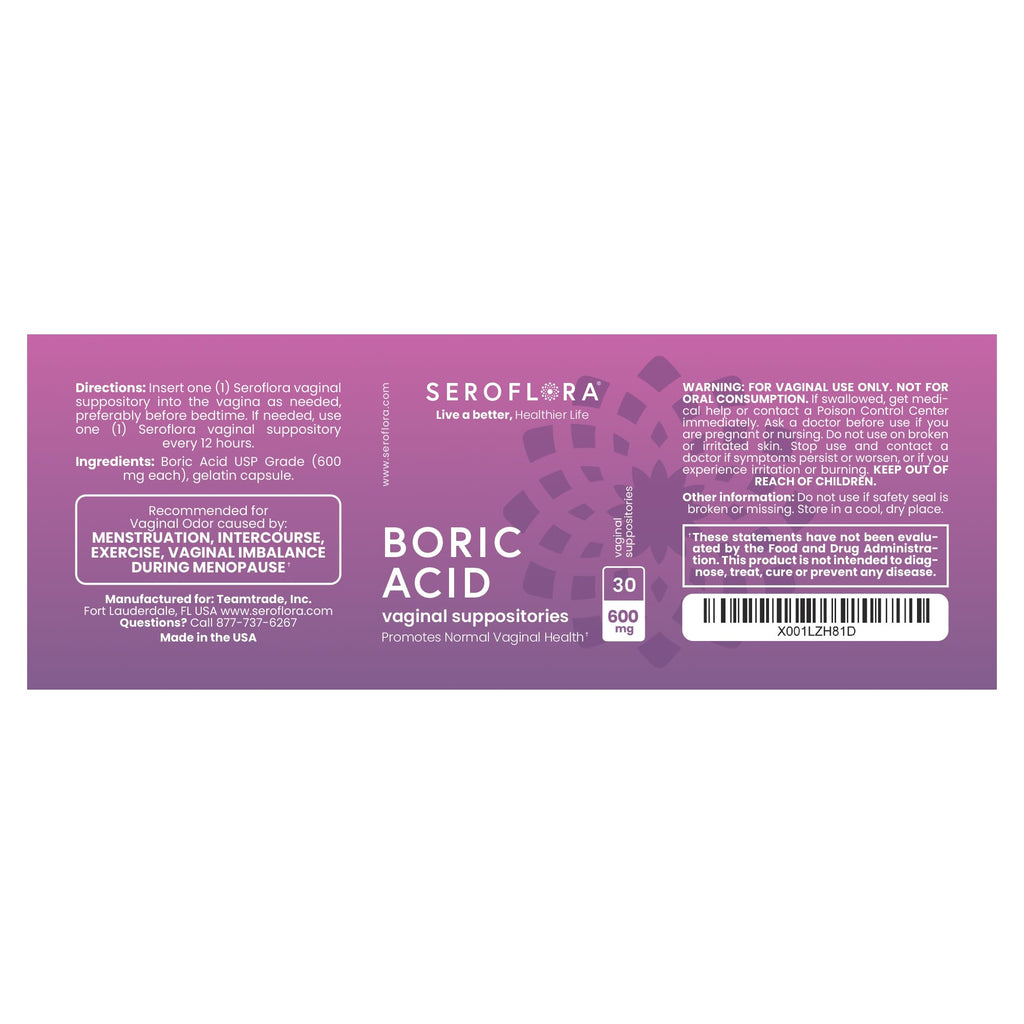 Seroflora Boric Acid Vaginal Suppositories 600 mg - Boric Acid Pills for Women - Intimate Health pH Balance - Supports Vaginal O