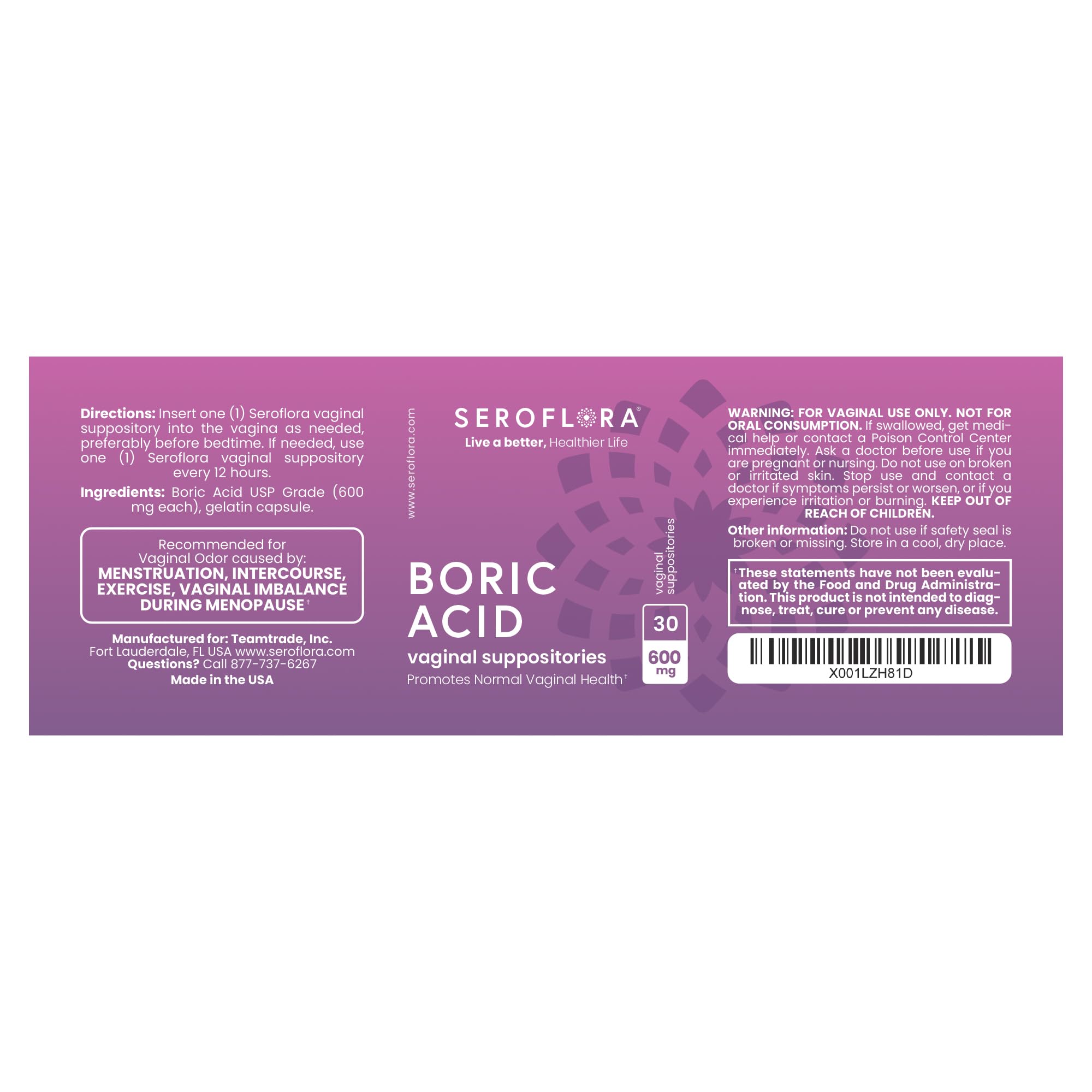 Seroflora Boric Acid Vaginal Suppositories 600 mg - Boric Acid Pills for Women - Intimate Health pH Balance - Supports Vaginal O