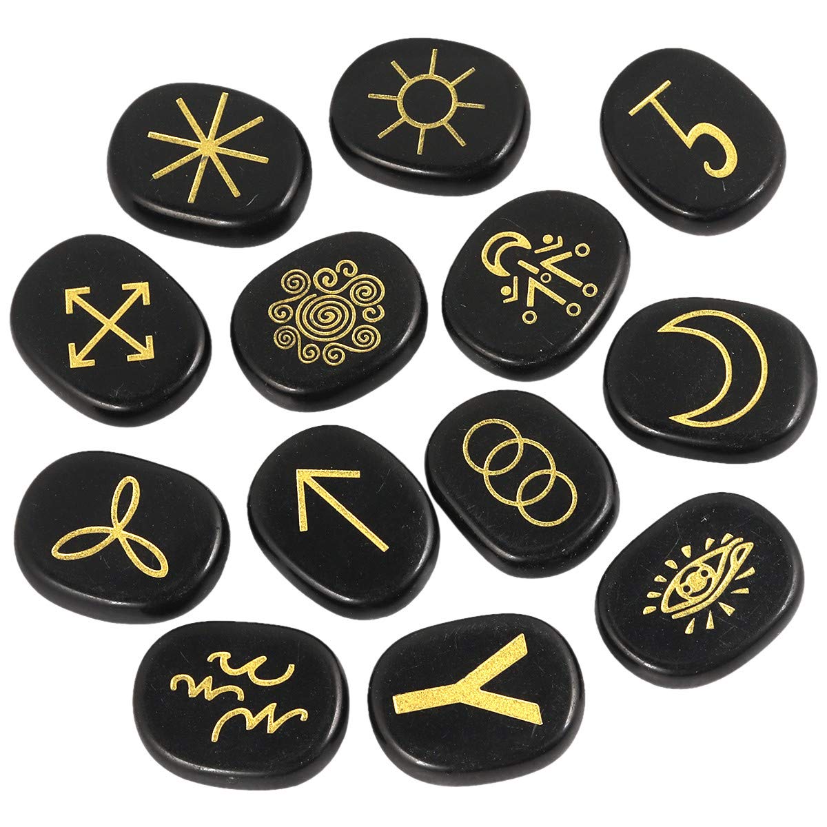 mookaitedecor Black Obsidian Witches Runes Set of 13, Healing Crystal Stone with Engraved Gypsy Symbol for Meditation Divination