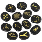 mookaitedecor Black Obsidian Witches Runes Set of 13, Healing Crystal Stone with Engraved Gypsy Symbol for Meditation Divination