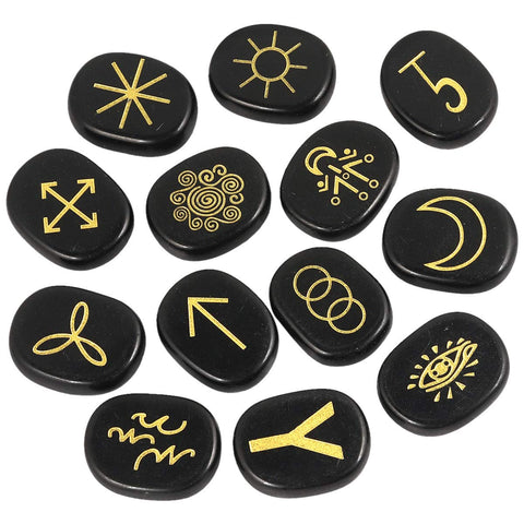mookaitedecor Black Obsidian Witches Runes Set of 13, Healing Crystal Stone with Engraved Gypsy Symbol for Meditation Divination
