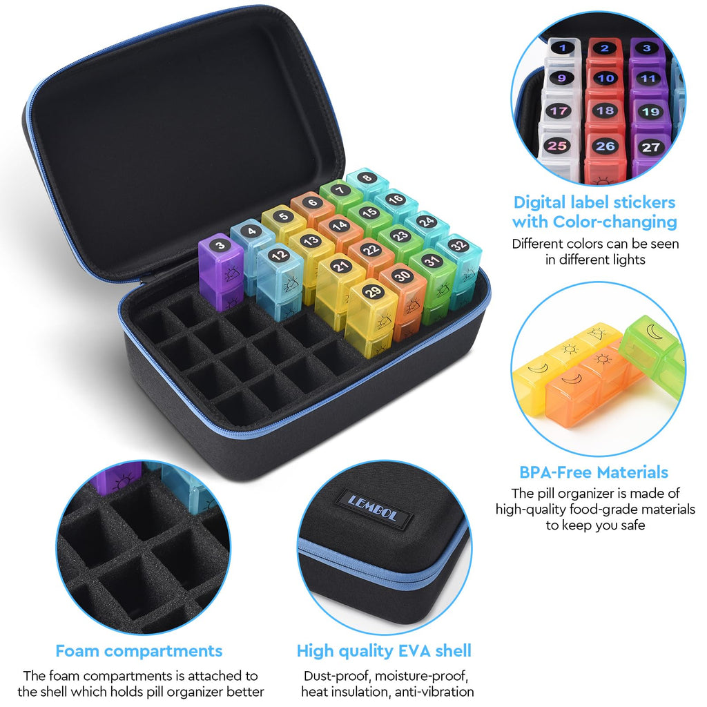 Monthly Pill Organizer 3X a Day with Portable 7-Day Travel Medicine Organizing Bag,Large Pill Box with 32 Daily Compartments,30