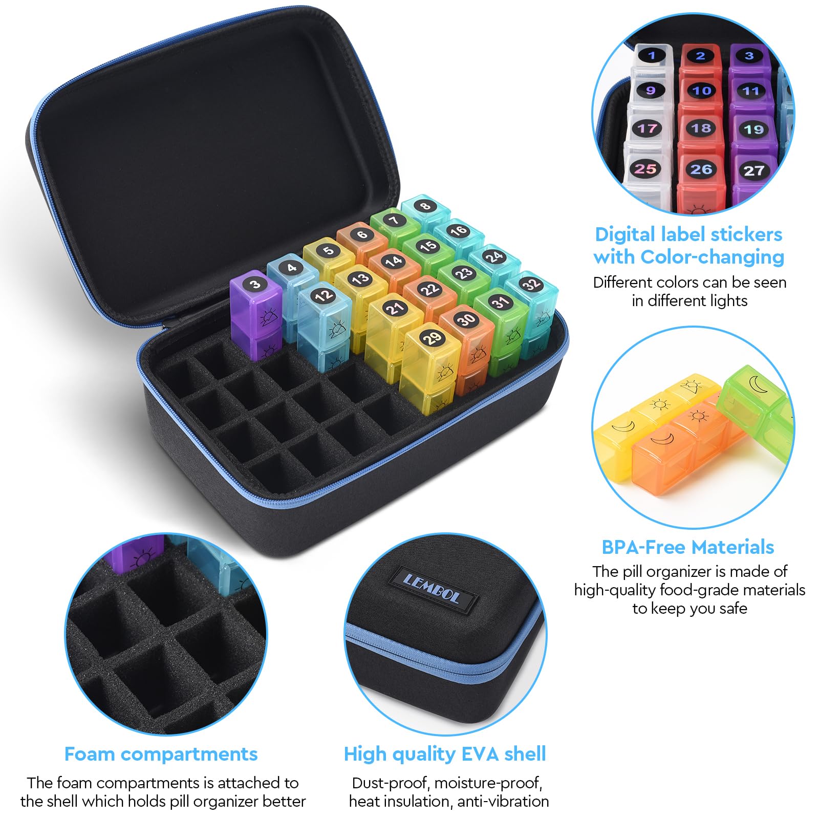 Monthly Pill Organizer 3X a Day with Portable 7-Day Travel Medicine Organizing Bag,Large Pill Box with 32 Daily Compartments,30