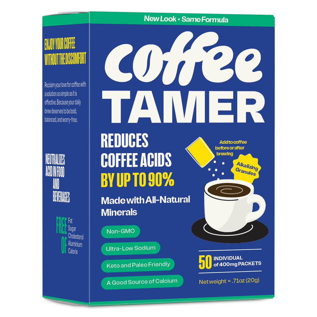 Coffee Tamer Coffee Acid Reducing Granules 50 Pack Box - Reduces Coffee Acids by up to 90% - All-Natural Minerals - Keto Friendy
