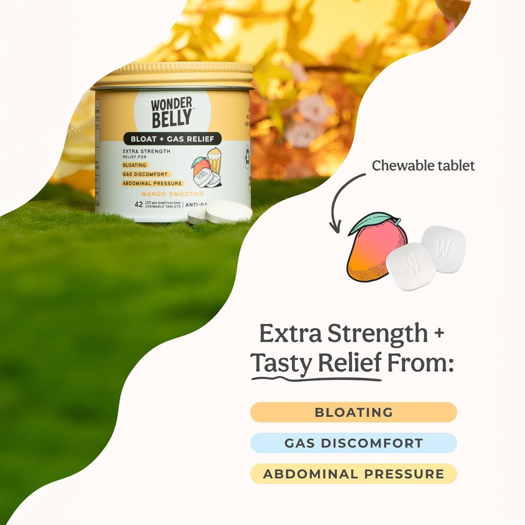 Wonderbelly Bloat + Gas Relief, Extra Strength Chewable Tablets, with 125 mg Simethicone, No Talc or Dye, Mango Smoothie, 42 Cou