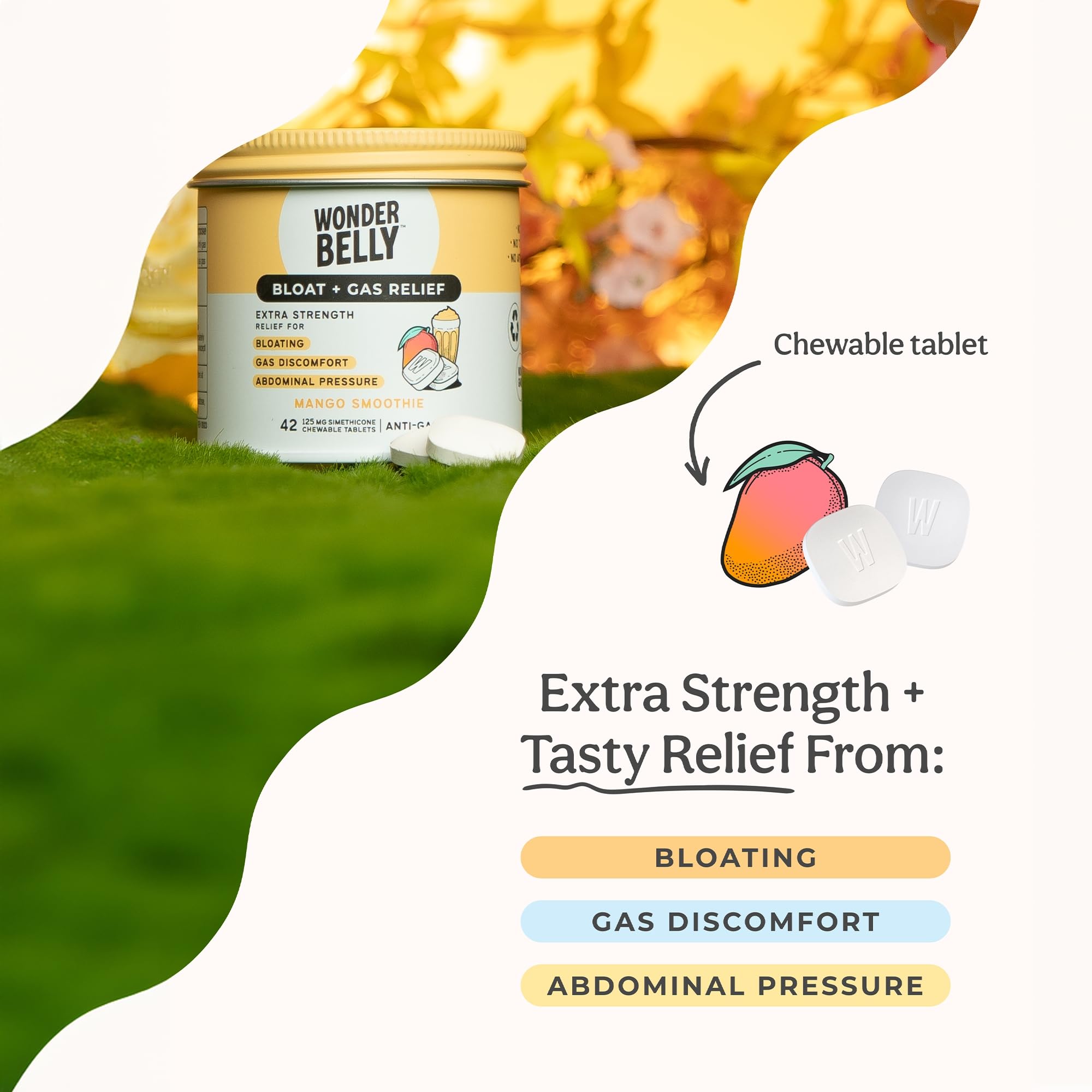 Wonderbelly Bloat + Gas Relief, Extra Strength Chewable Tablets, with 125 mg Simethicone, No Talc or Dye, Mango Smoothie, 42 Cou