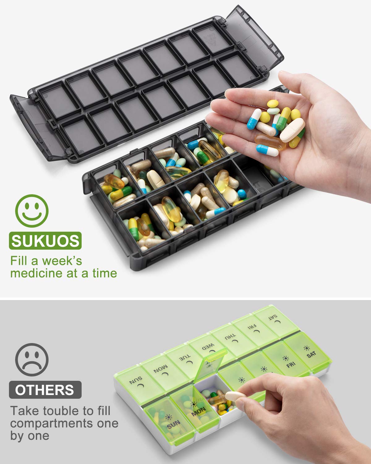 Sukuos Weekly Pill Organizer 7 Day 2 Times a Day, Quick Fill Daily Pill Box (AM PM), Extra Large Pill Cases for Vitamin/Fish Oil