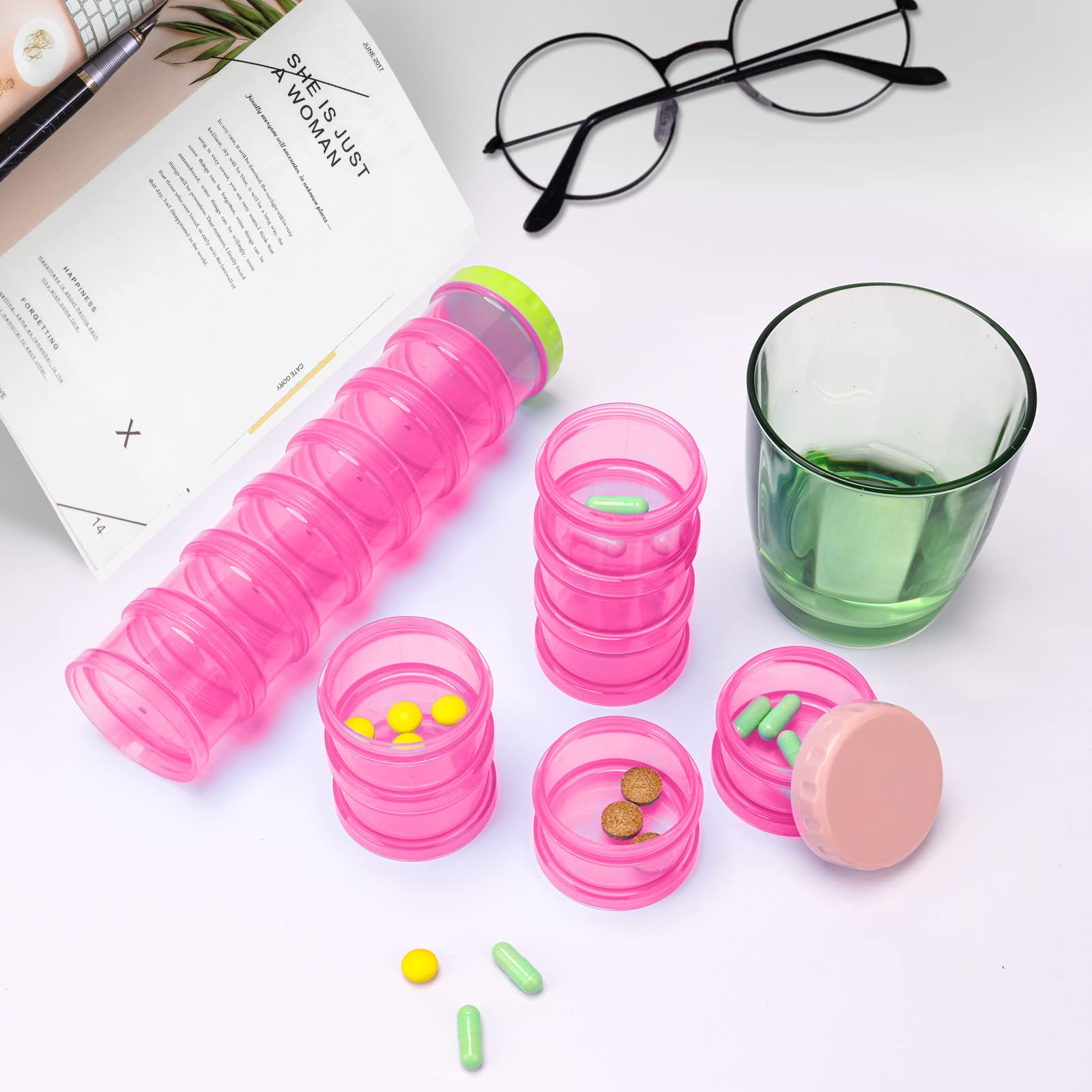 7 Day Pill Organizer Case Stackable Weekly Supplements Vitamins Pills Holder Dispenser Large Transparent Pink with Label and Ext