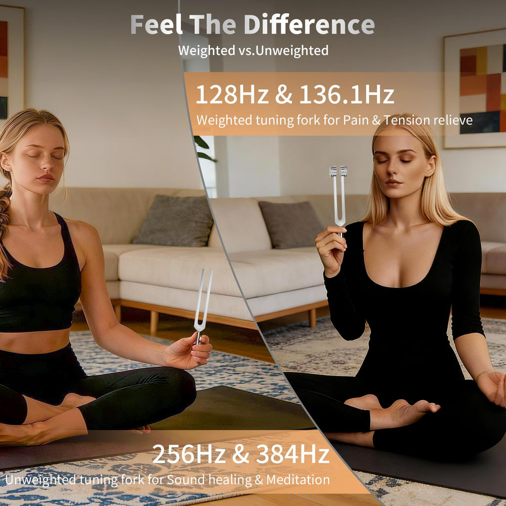 Tuning Forks for Healing Set - 128Hz, 136.1Hz, 256Hz, 384Hz, Weighted & Unweighted, Tuning Fork with Hockey Puck Activator & fee