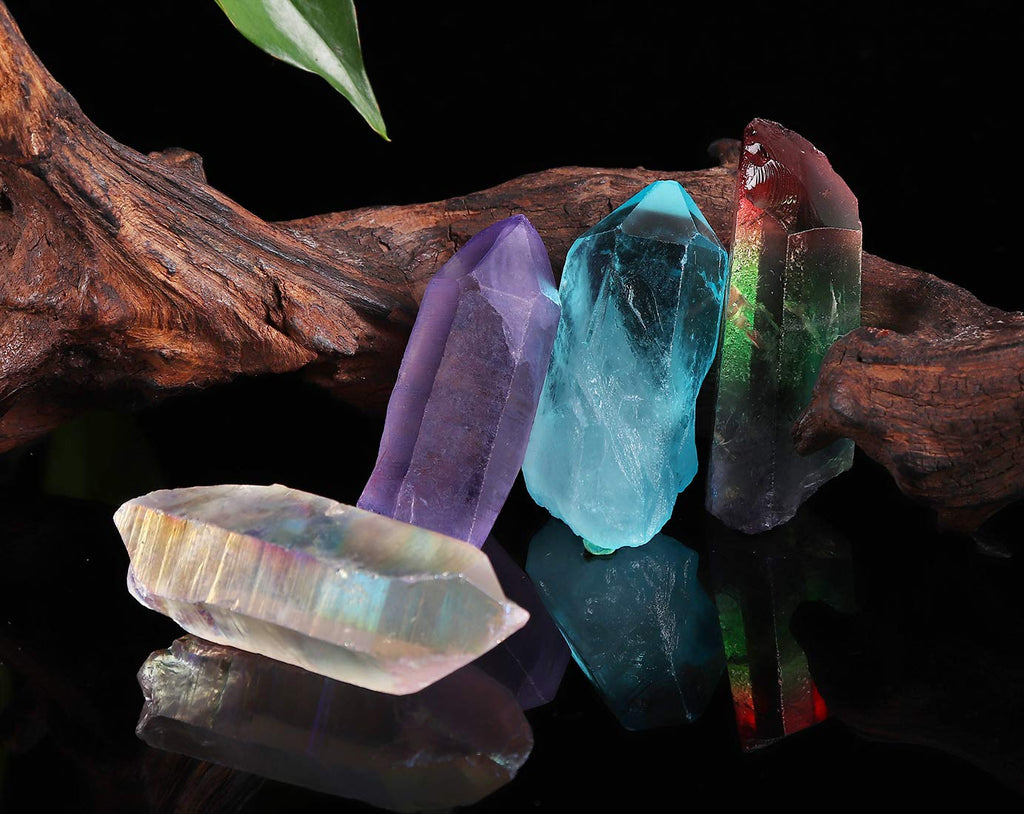 JIC Gem 4 pcs Auqa Aura, Angel Aura, Angel Amethyst, Tourmaline Healing Crystal Single Point Wand Natural Gemstone Polished Tumb
