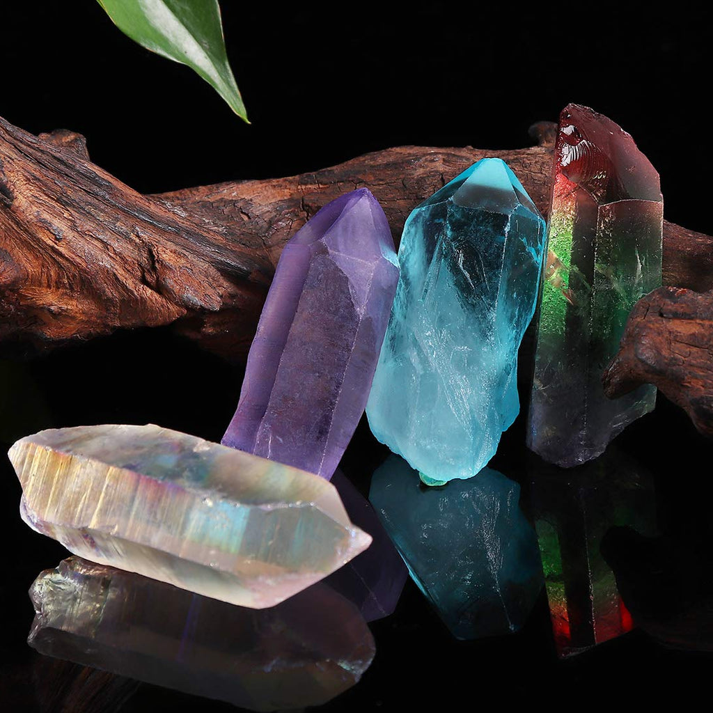 JIC Gem 4 pcs Auqa Aura, Angel Aura, Angel Amethyst, Tourmaline Healing Crystal Single Point Wand Natural Gemstone Polished Tumb