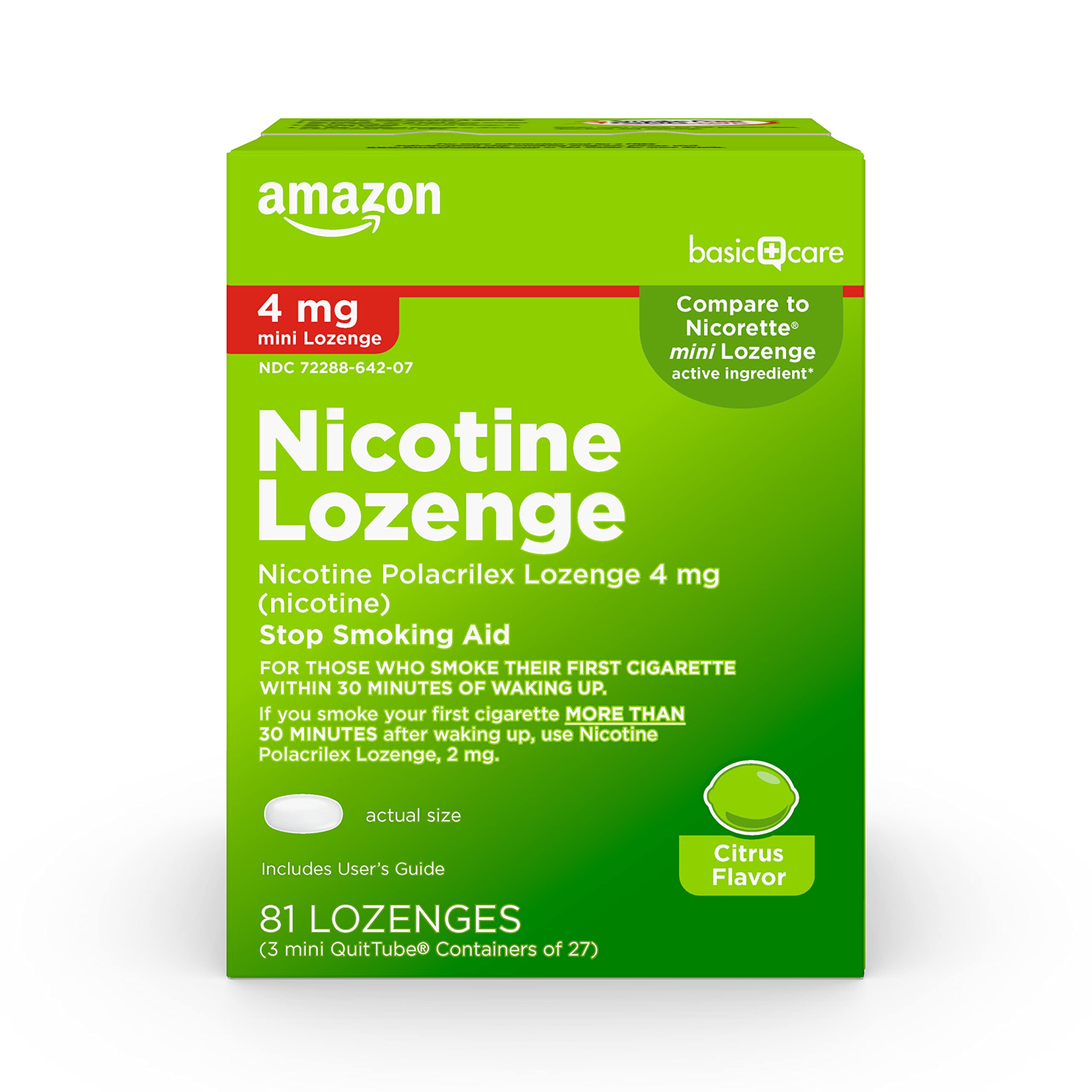 Amazon Basic Care Mini Nicotine Polacrilex Lozenge 4 mg, Citrus Flavor, Stop Smoking Aid, 81 Count