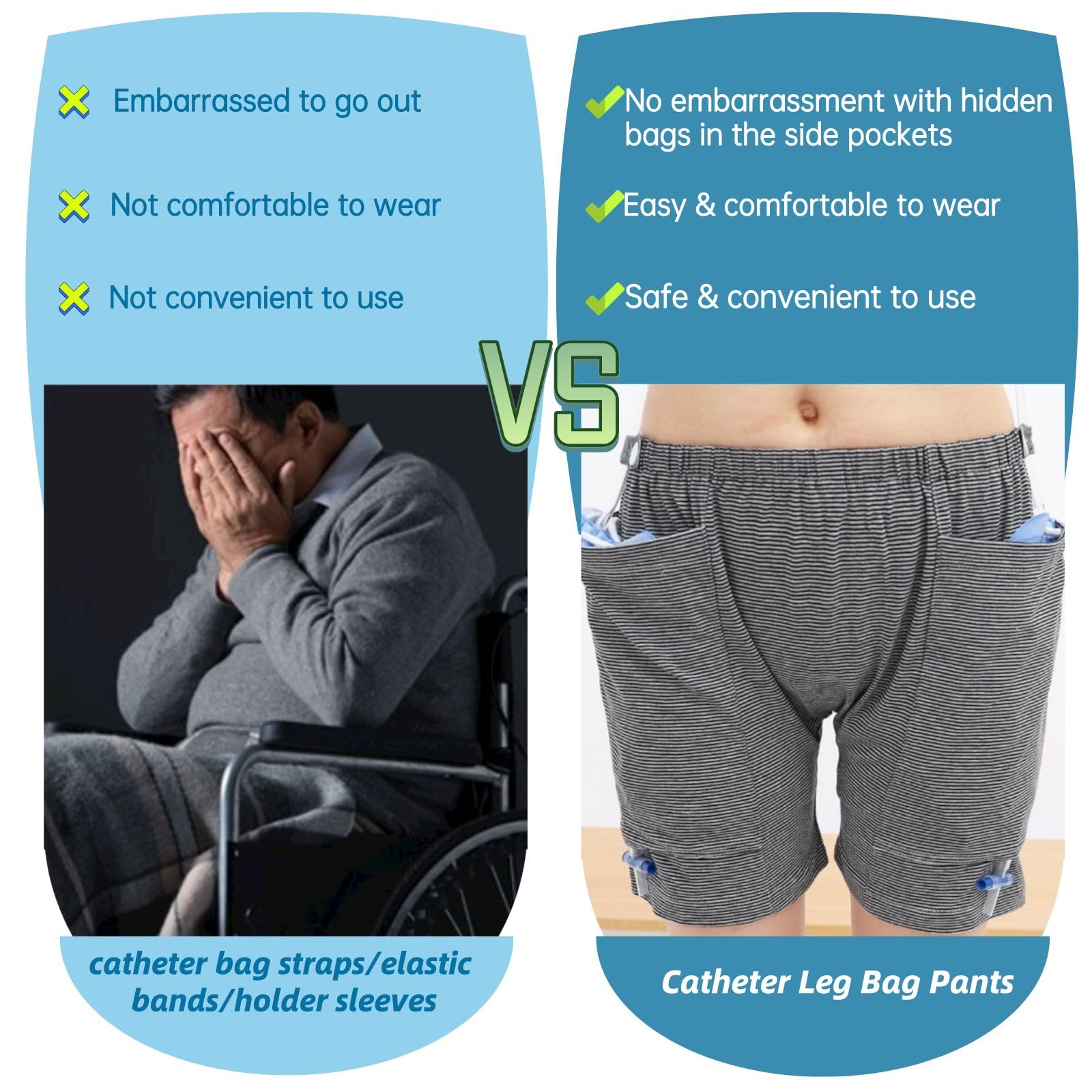 Incontinence Care Trousers, Catheter Underwear for Elderly with Double Pockets, Urinate Drainage Bag Pants for Catheter Nephrost