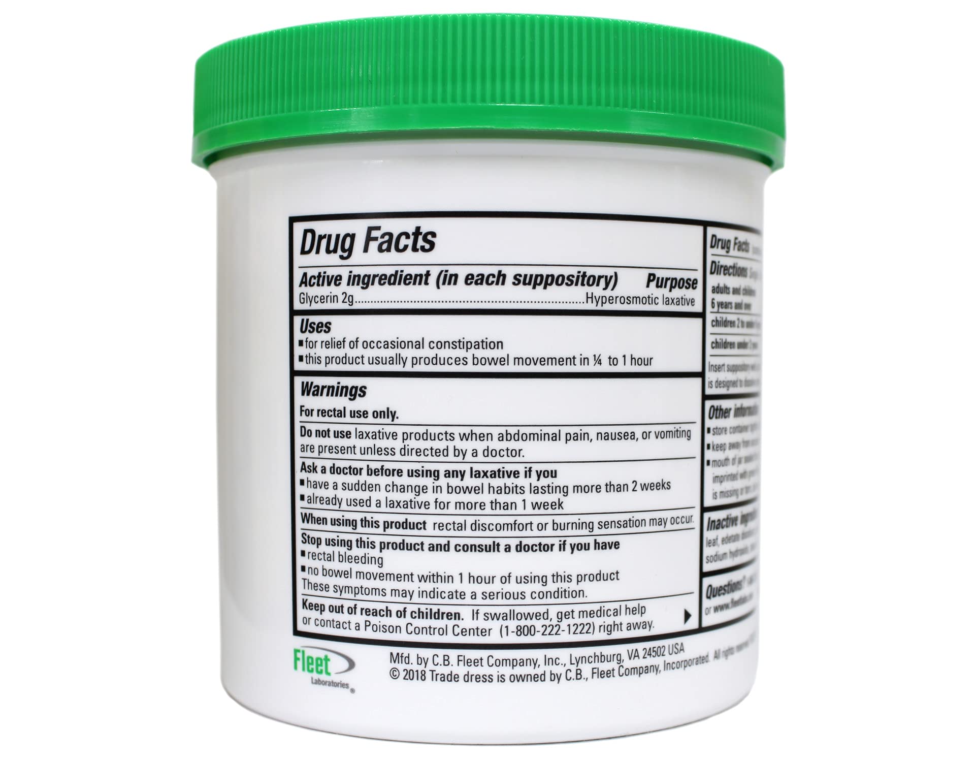 Fleet - Glycerin Suppositories, Laxative, Adult Jar, 100 Each
