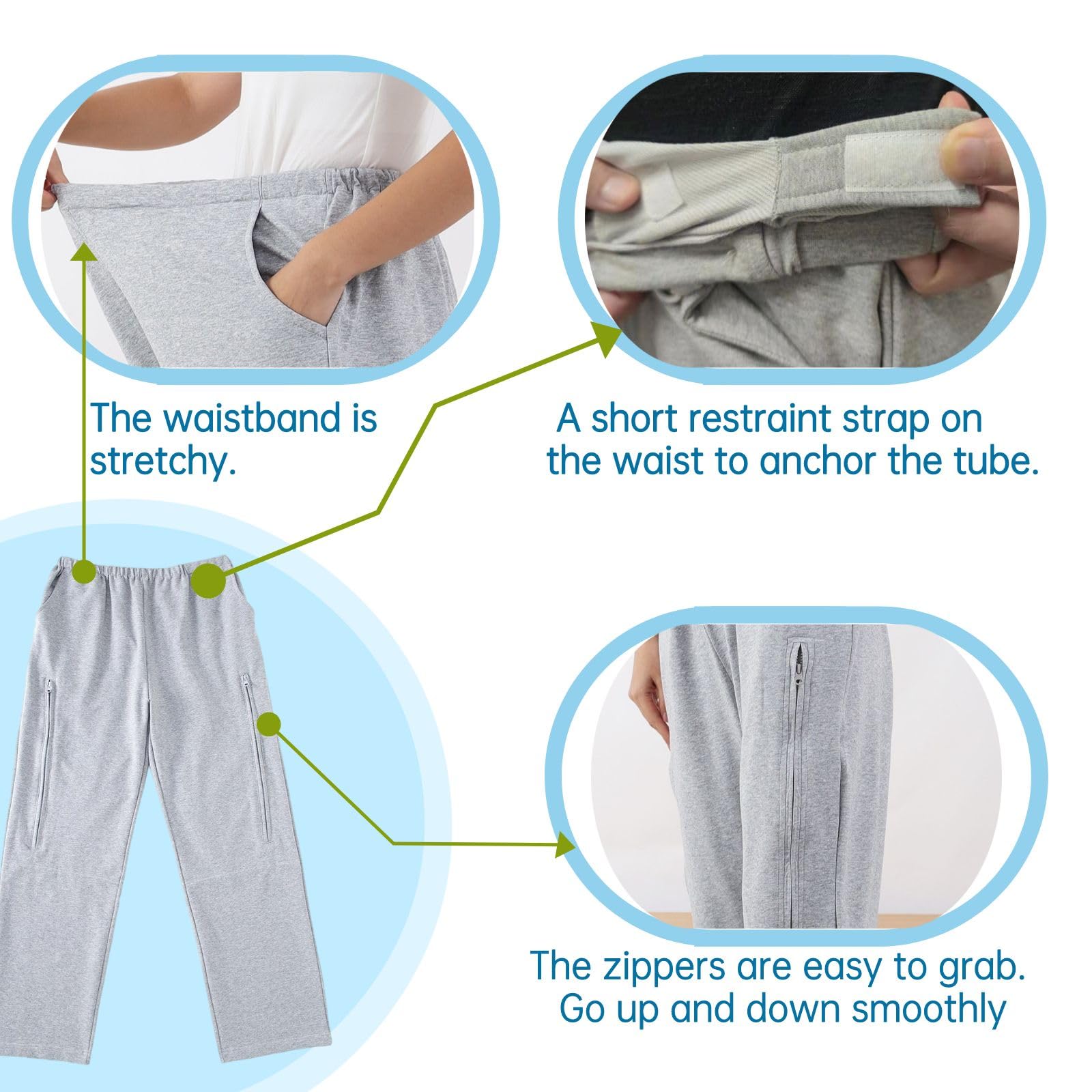 Catheter Pants for Men/Women, Urine Bag Holder with 2 Zippered Side Pockets, Holding 2x2000ml Catheter Bag for Nephrostomy, Fole