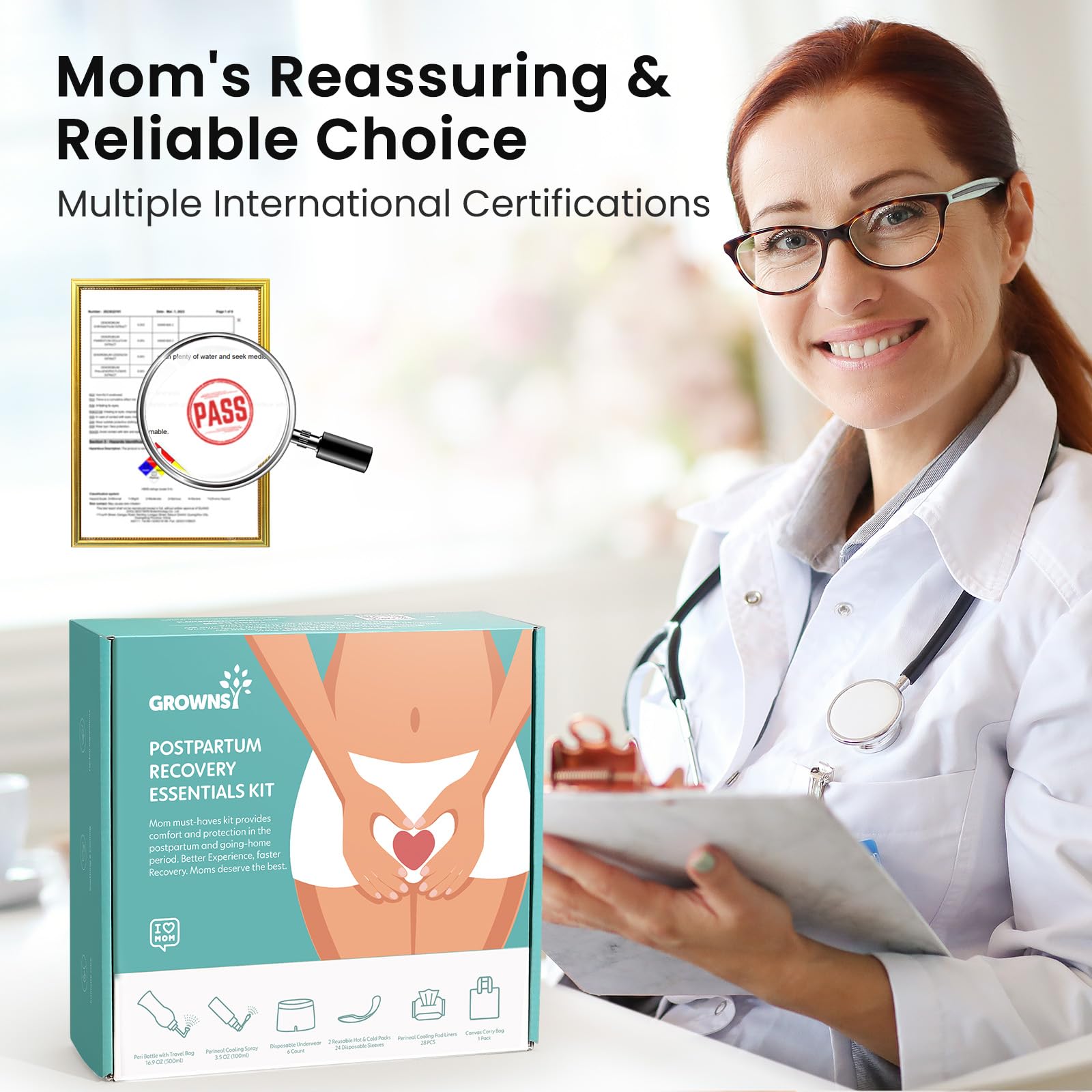 Grownsy Postpartum Essentials Recovery Kit for Labor & Delivery | Postpartum Kit for Women | Includes Upside Down Peri Bottle, P