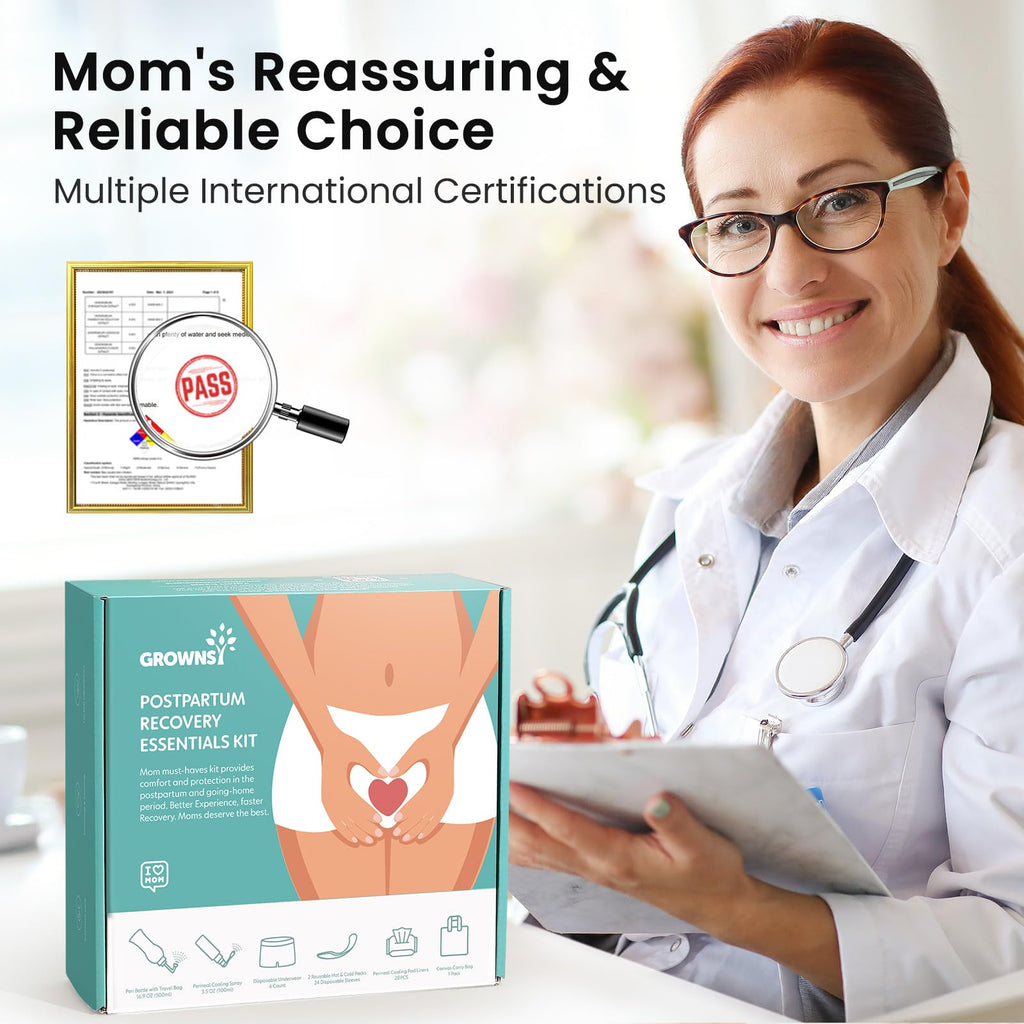 Grownsy Postpartum Essentials Recovery Kit for Labor & Delivery | Postpartum Kit for Women | Includes Upside Down Peri Bottle, P