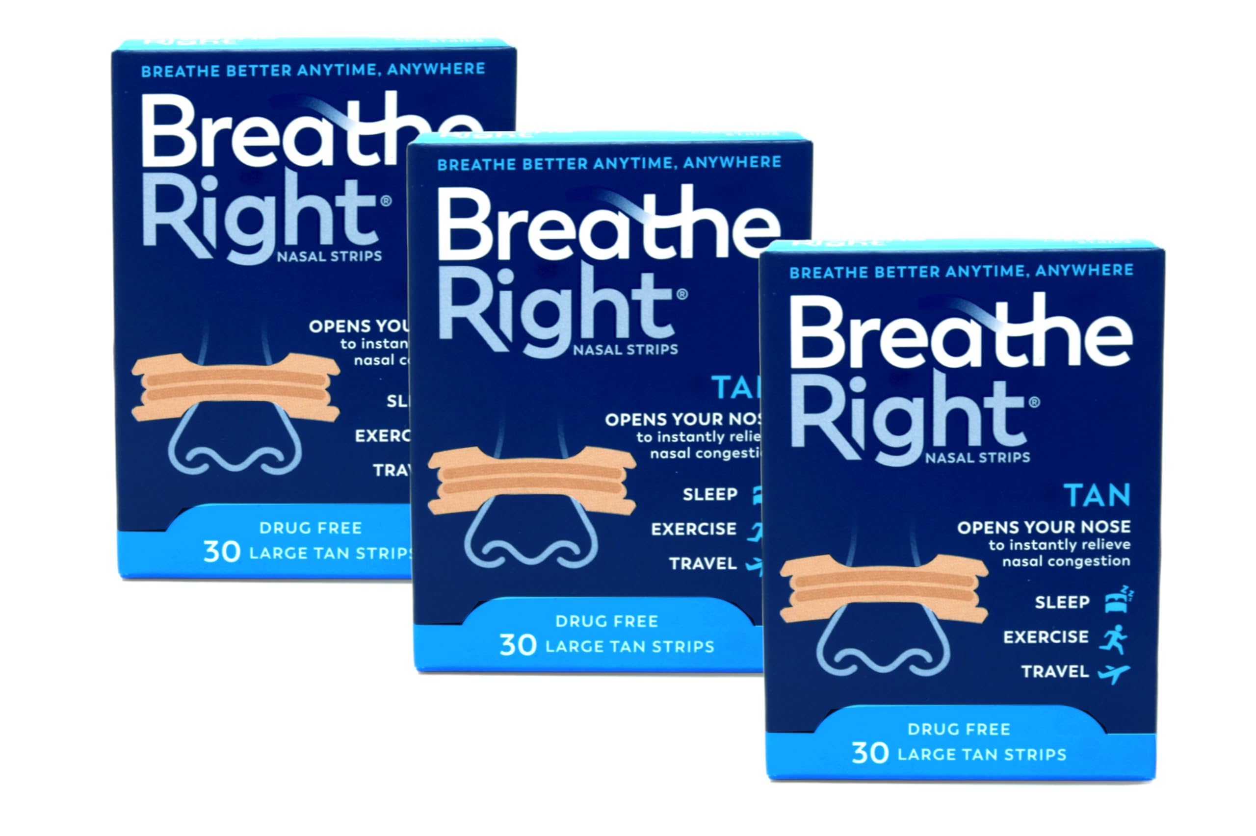 Breathe Right Original Large Tan Nasal Strips, 30 Count (Pack of 3)