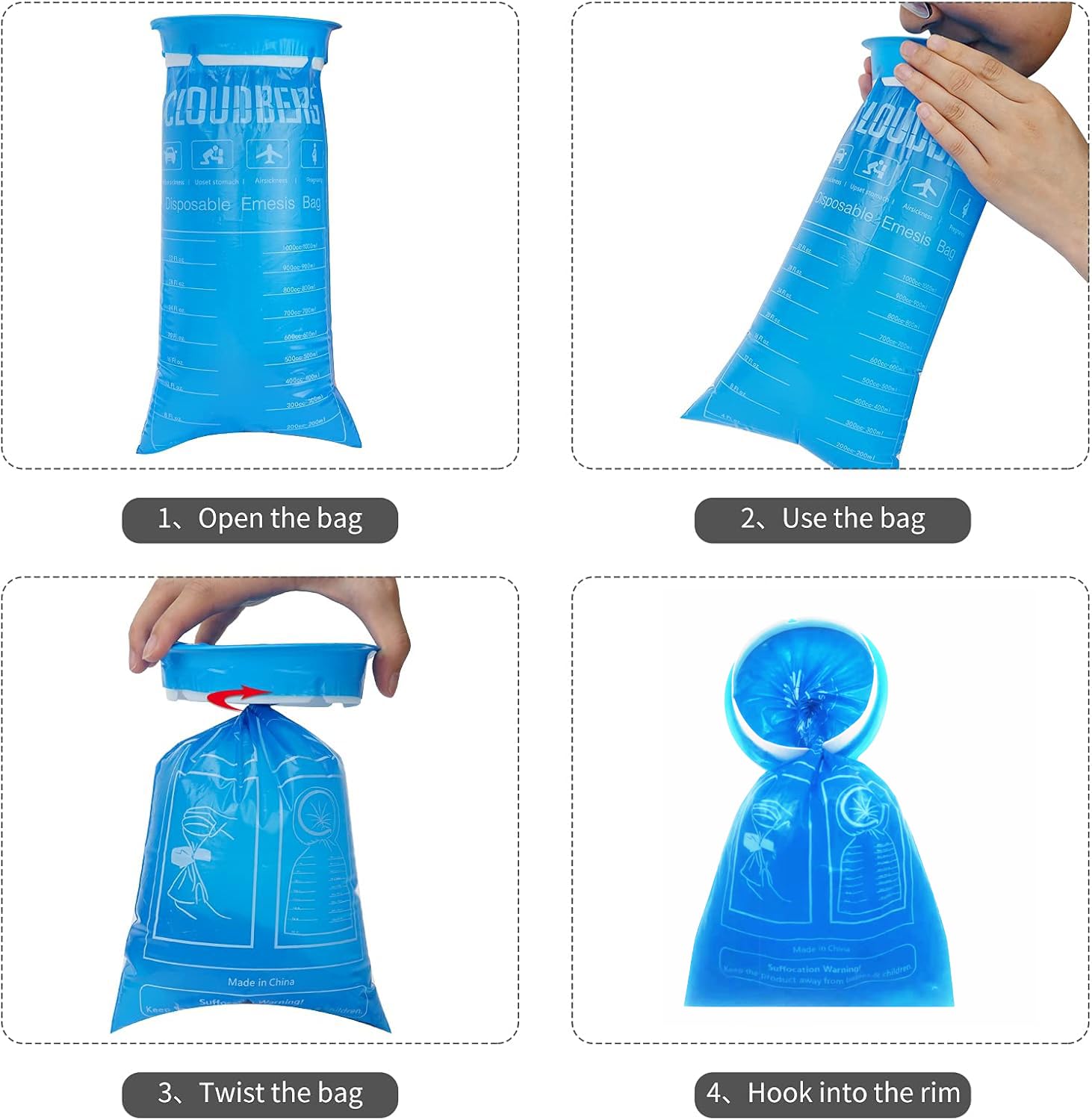 CLOUDBERG 24 Pack Blue Emesis Bags, 1000 ml Vomit Bags for Morning Sickness, Portable Nausea Bags for Pregnant Women, Leak Resis