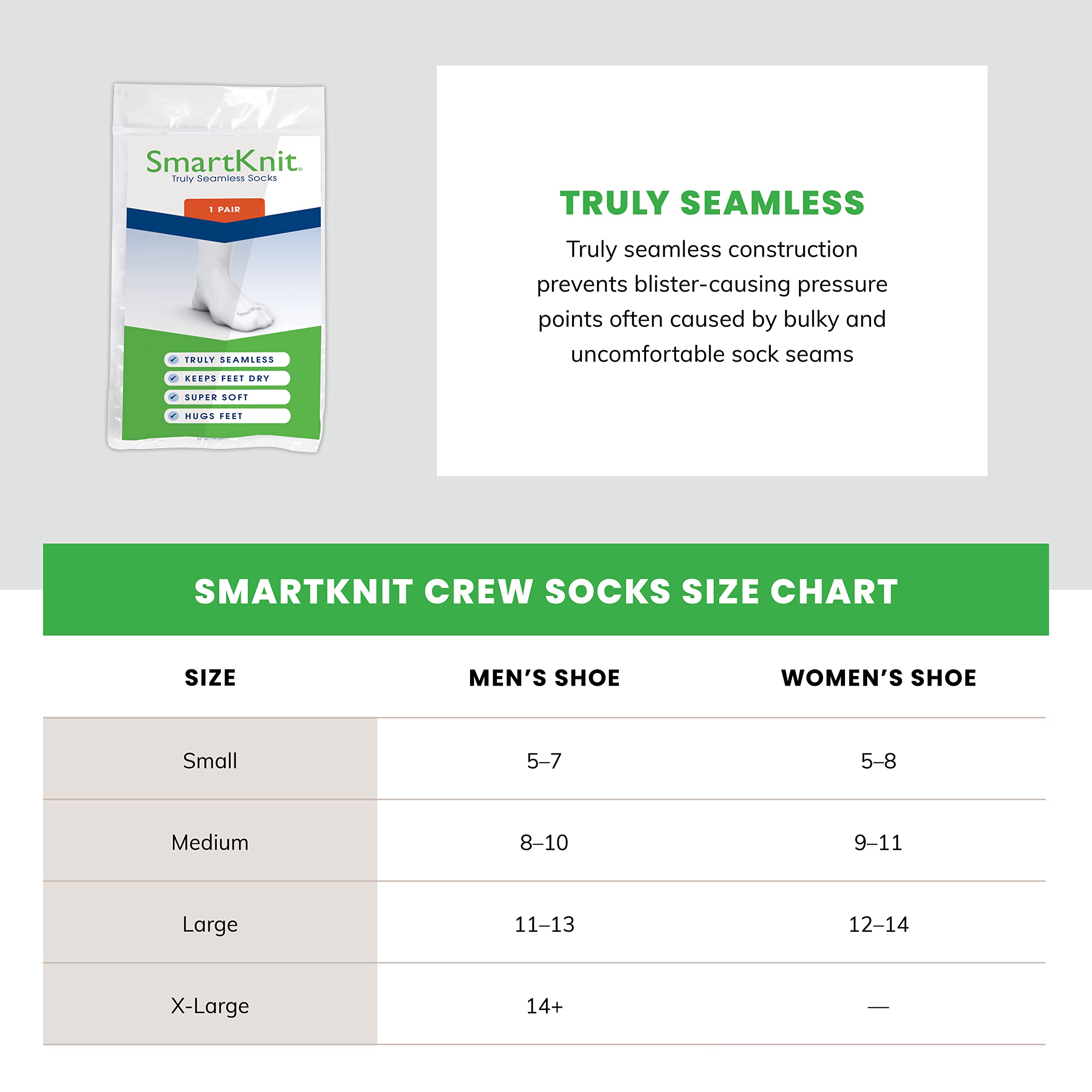 SMARTKNIT Seamless Crew Socks for Diabetes, Arthritis, or Sensitive Feet, 1 Pair (2 Count), White, Medium