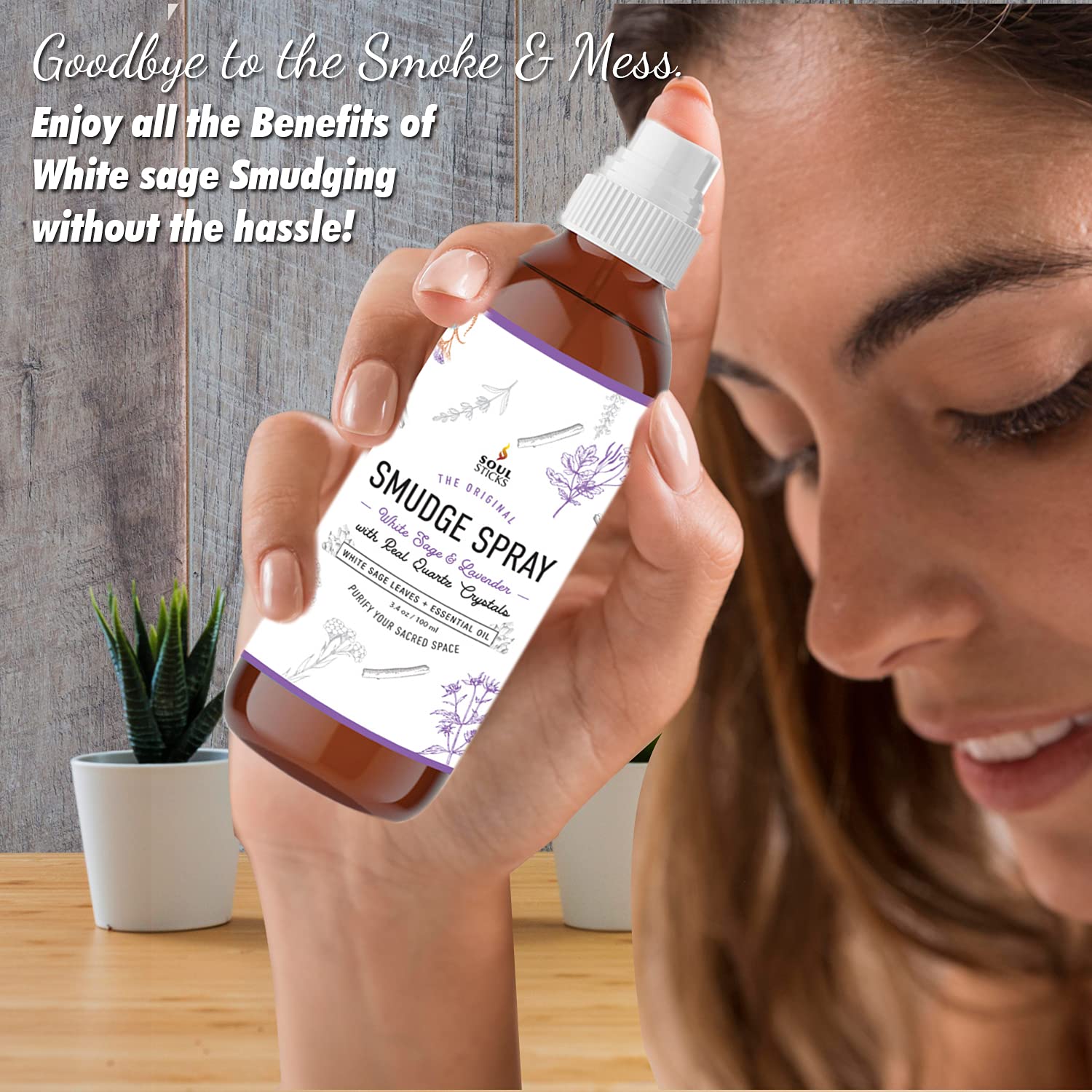 SOUL STICKS White Sage & Lavender Smudge Spray - 3.5oz Smokeless Mist with Quartz Crystals - Calming Essential Oil Spray for Sle
