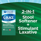 Colace 2-In-1 Stool Softener & Stimulant Laxative Tablets, Gentle Constipation Relief in 6-12 Hours, 30 Count