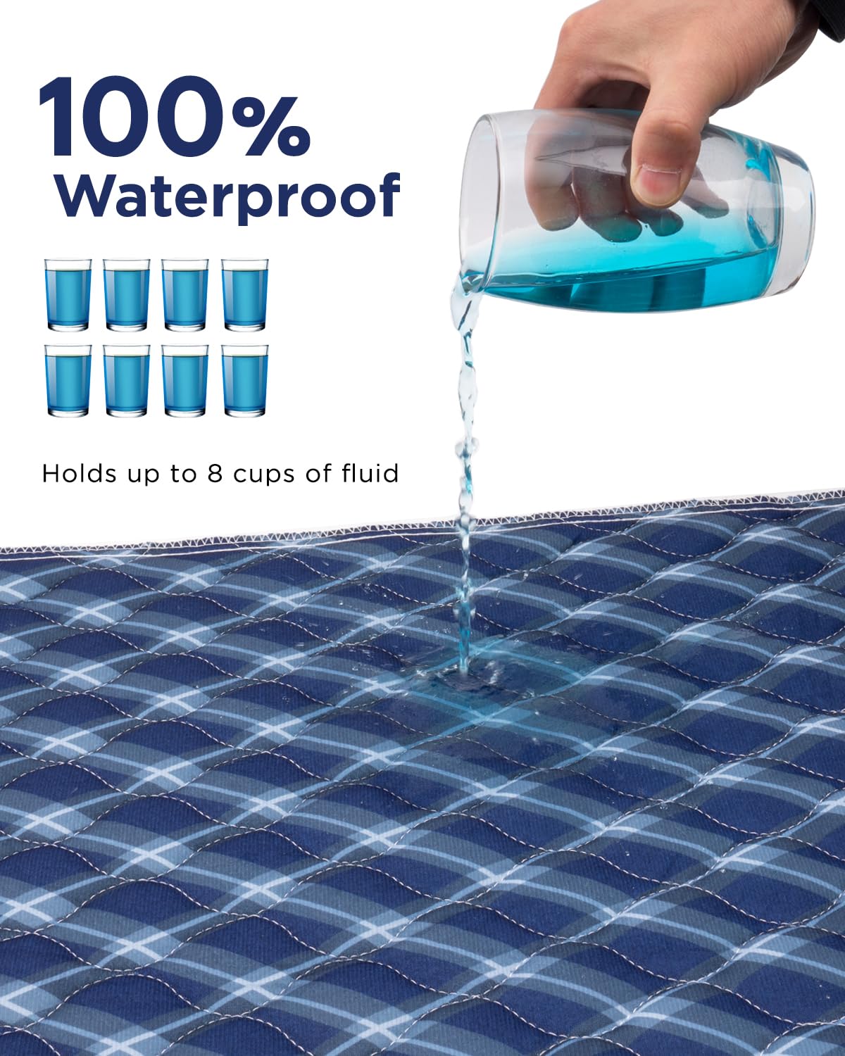 Non-Slip Bed Pads for Incontinence Washable (36 x 72|2 Pack), Navy Blue Grid, Waterproof Bed Pads, Bed Wetting Pads for Bed, Sof