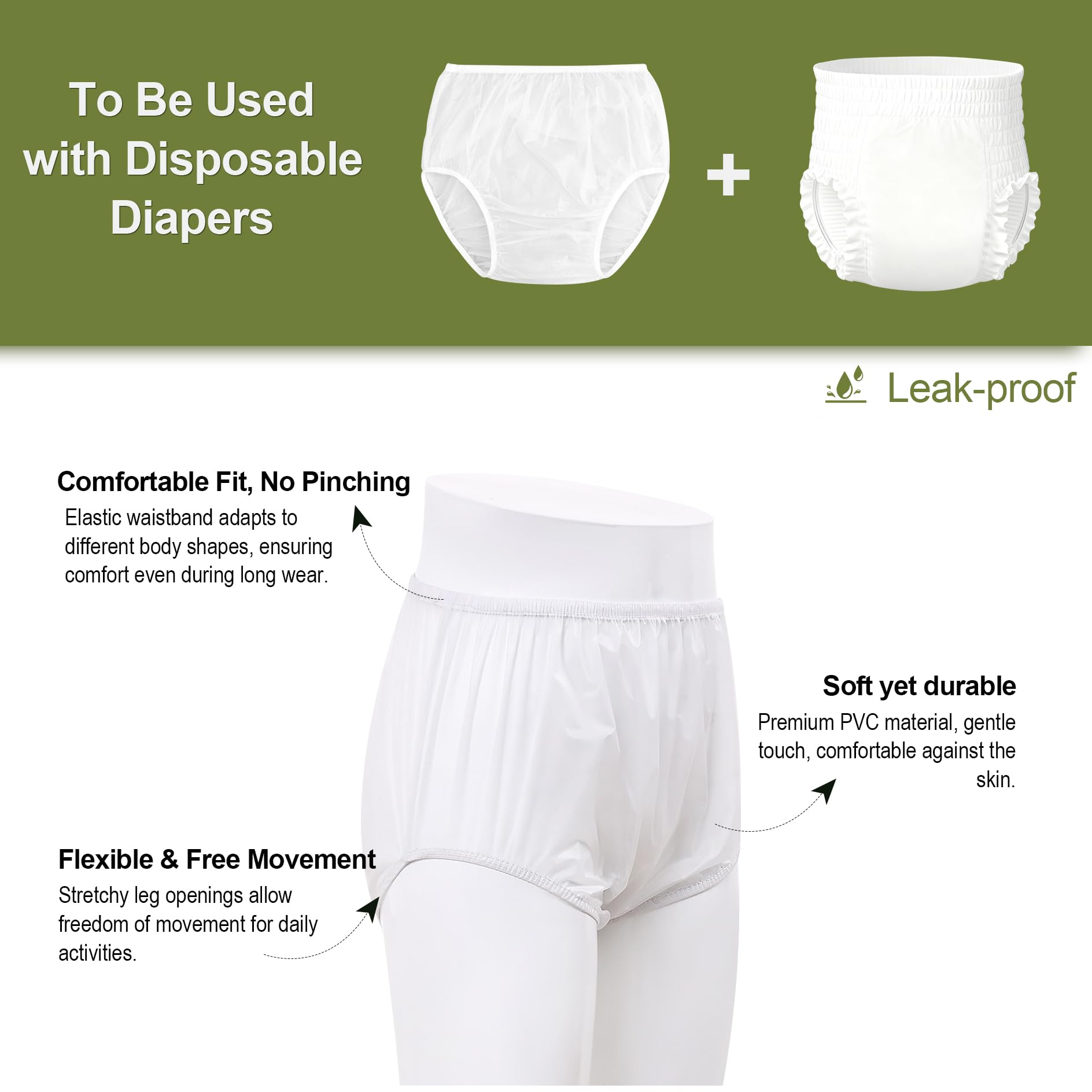 Florith Adult Diaper Cover Plastic Pants, Washable Reusable Waterproof Underwear, Rubber Pants for Adults with Leak Protection,