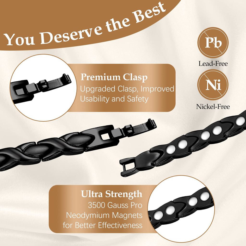 Feraco Magnetic Bracelet for Women Titanium Steel Magnetic Therapy Bracelet with Neodymium Magnets, Unique X Shape Links (Black)
